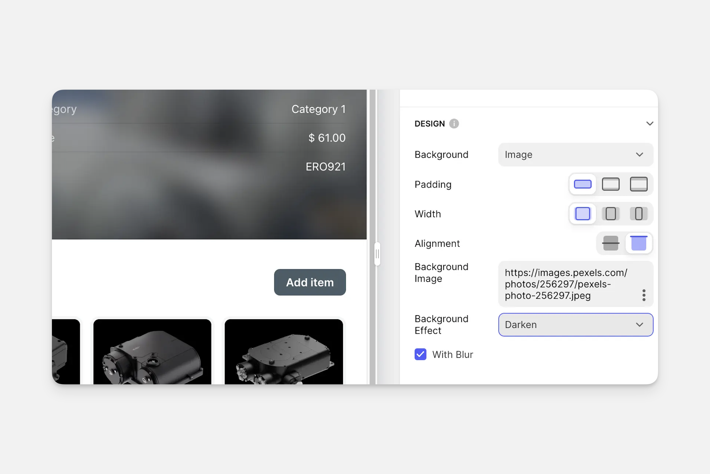 Configuring the design options in the Container Component.