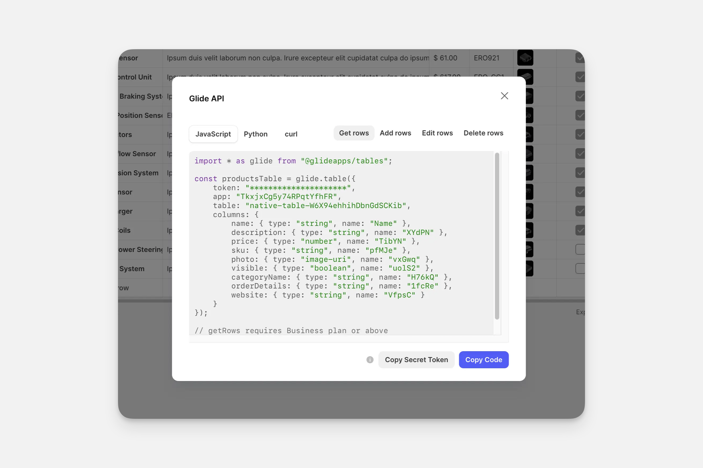 Available API calls for tables. Example calls are given for JavaScript, Python and Bash (curl).