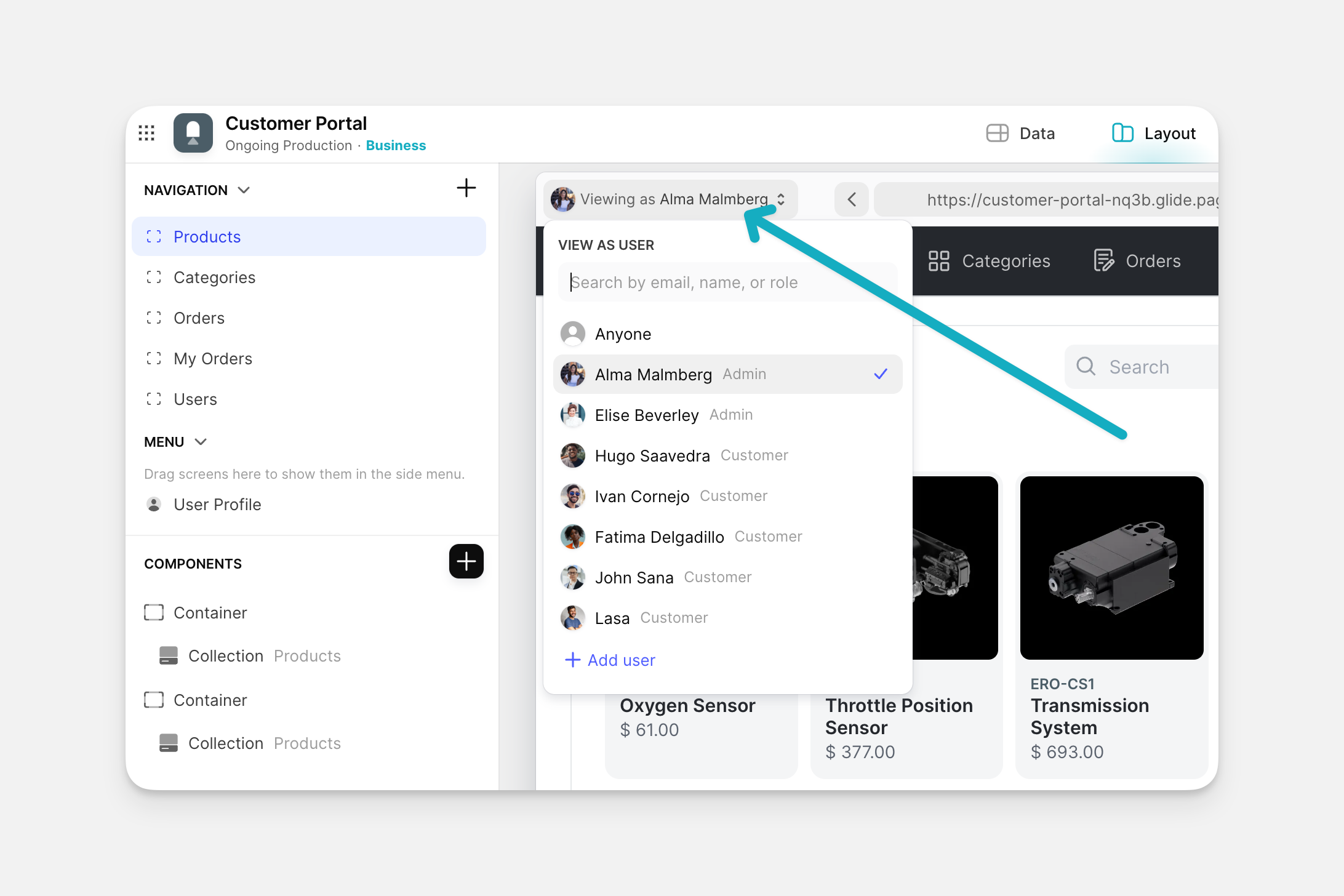 Opening the Preview-as menu in Glide.