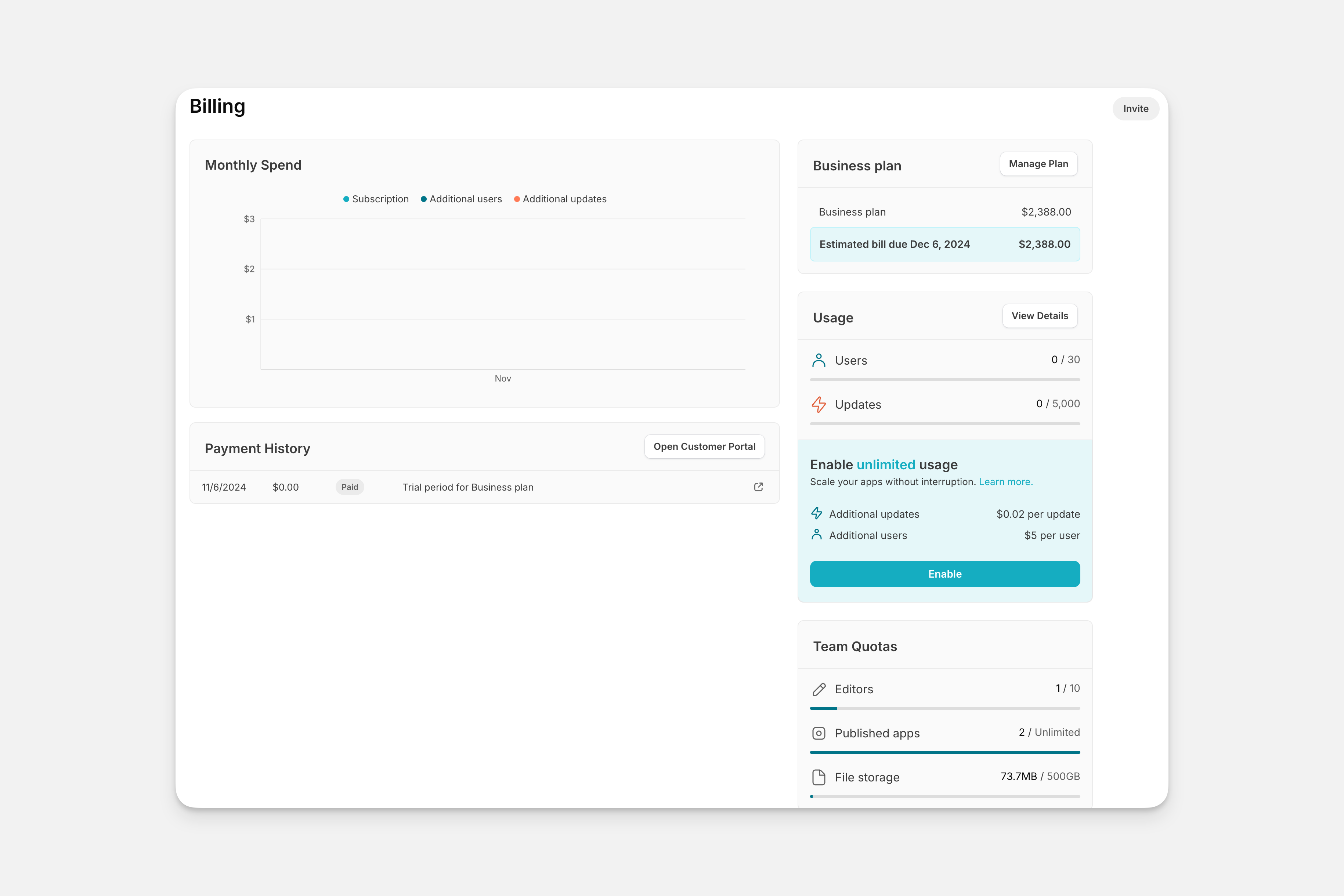 The billing dashboard in Glide.