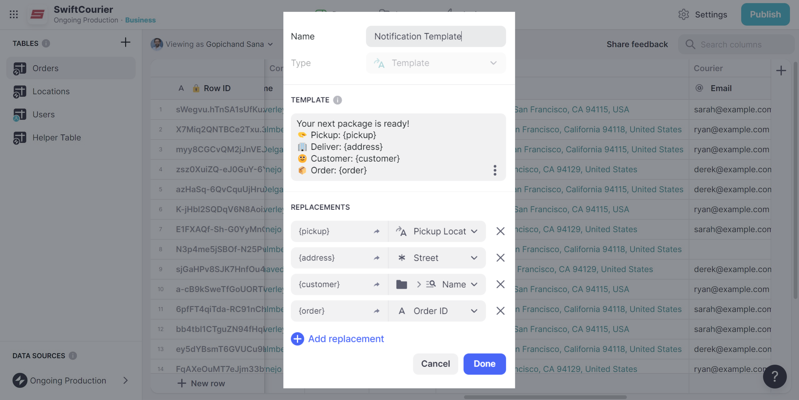 Template column for SwiftCourier SMS.