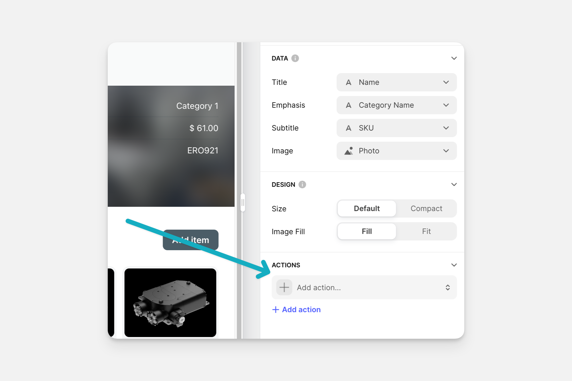 The Action settings in the Button Component's configuration panel.