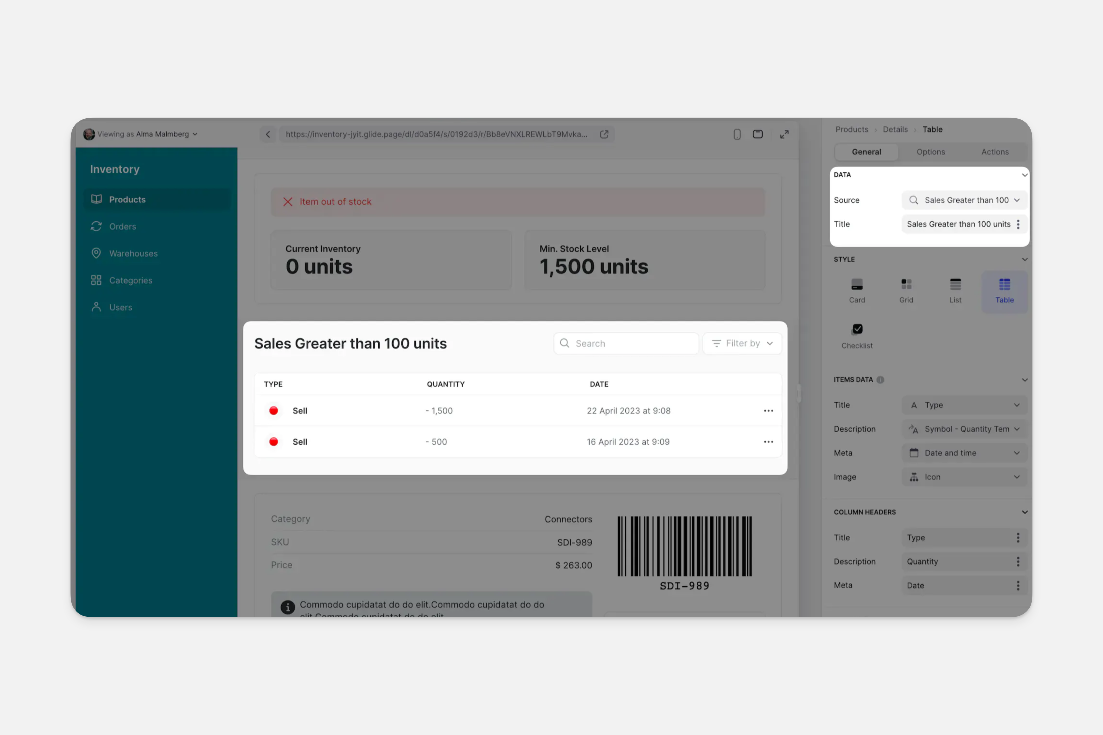 The resulting query data in layout view.