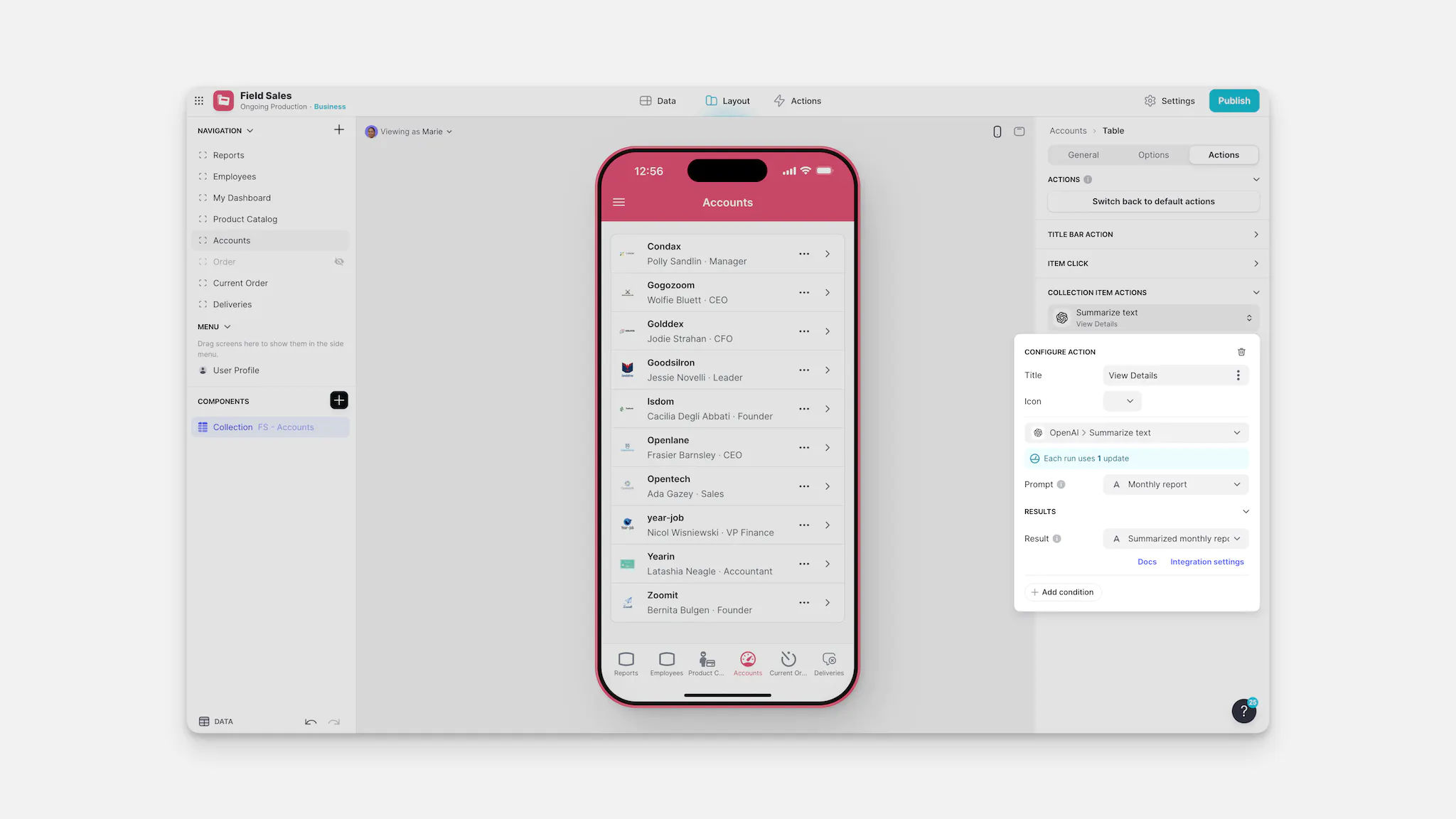 Configuring the OpenAI Summarize text action.