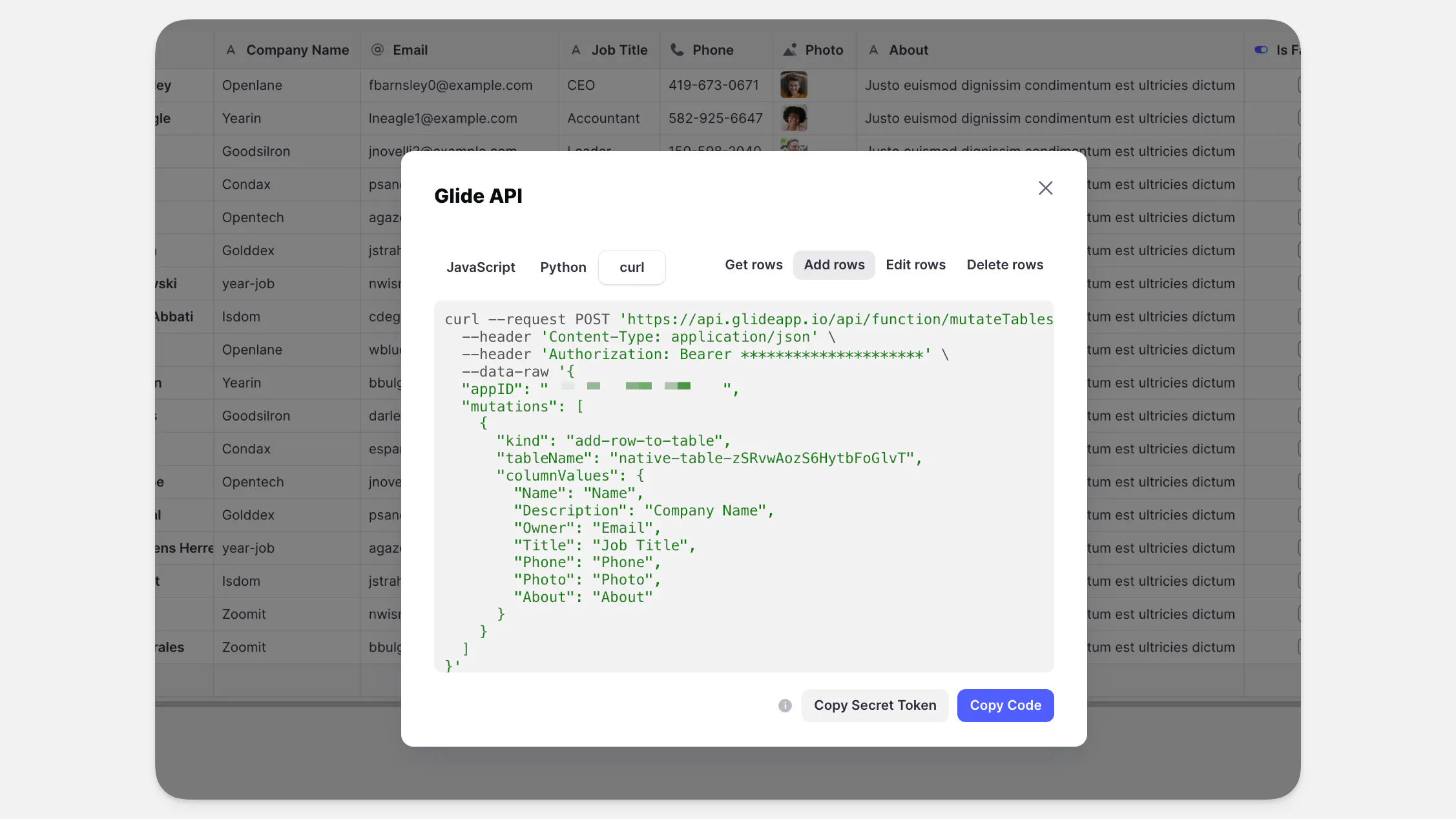 API code examples for JavaScript, Python, and curl.