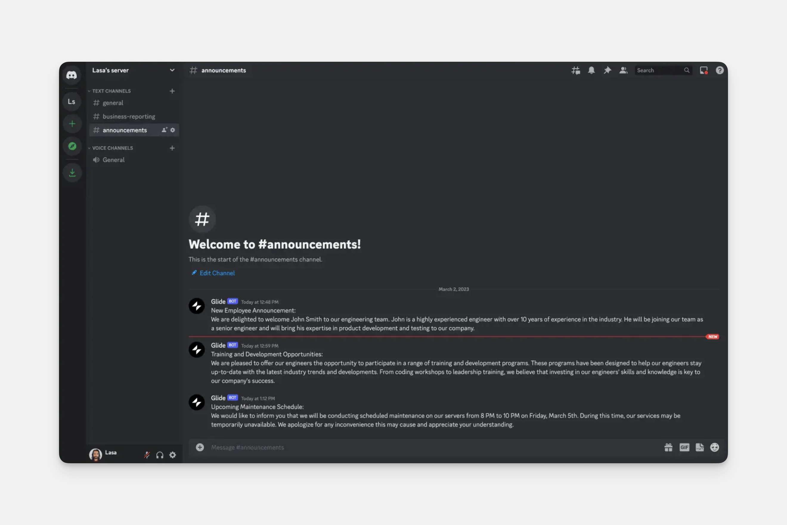 The Discord integration sending messages in a channel.