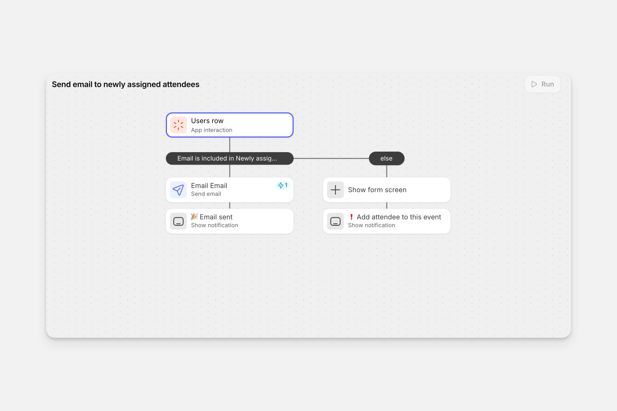A workflow in the action editor that sends emails to attendees.