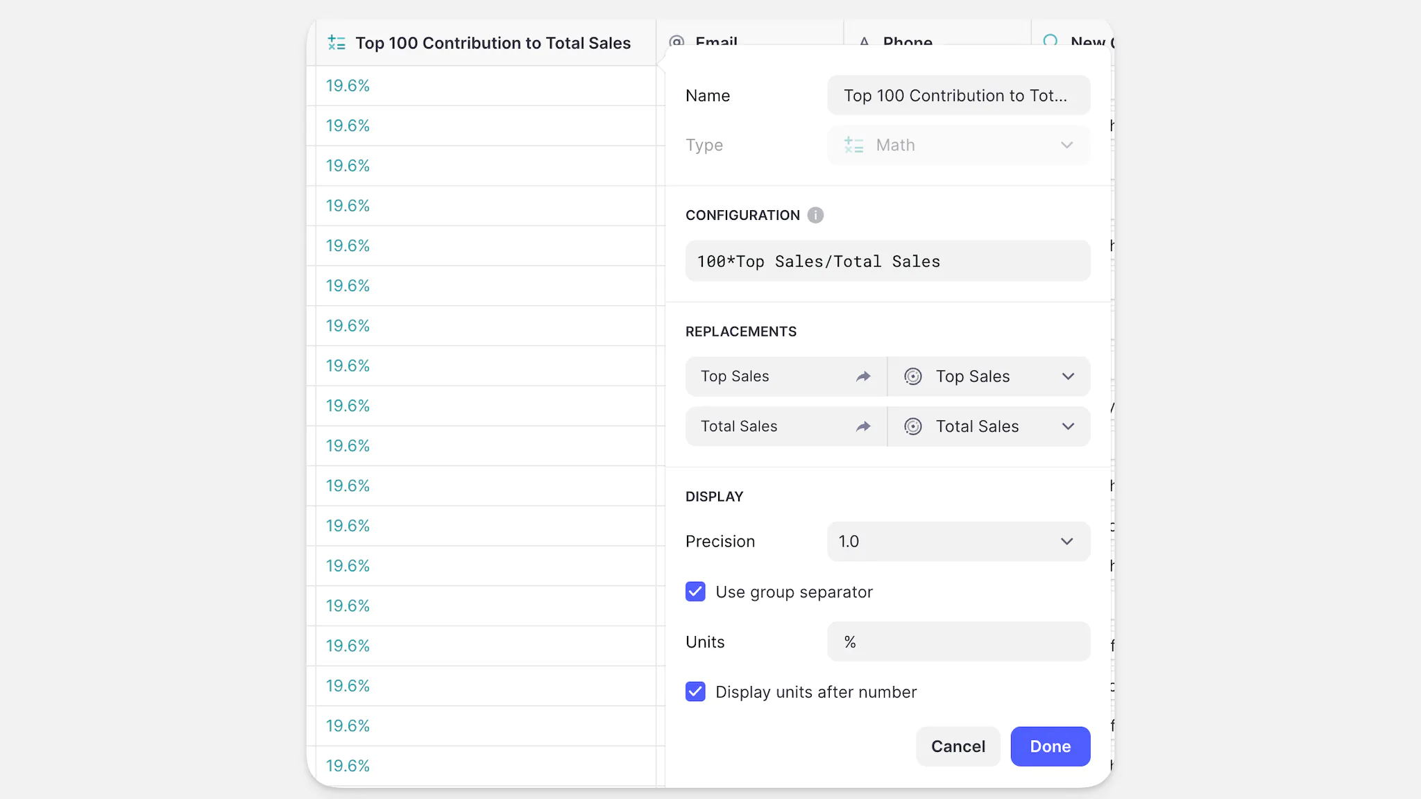 Math column calculating total sales.