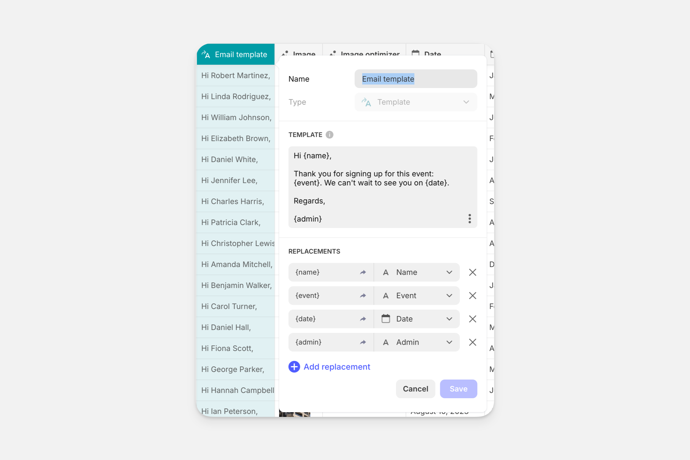 Configuring a dynamic email action.