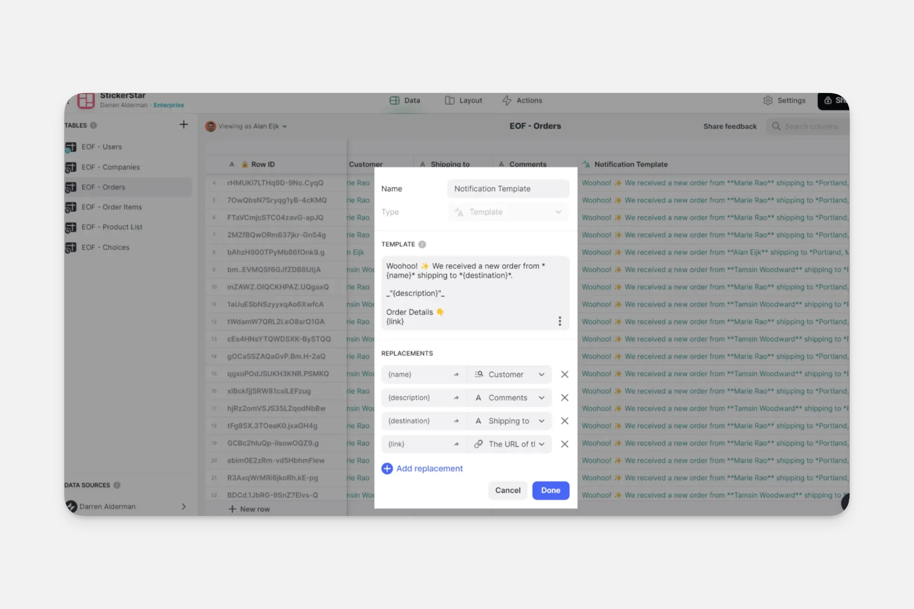 Configuring the template column for the slack message.