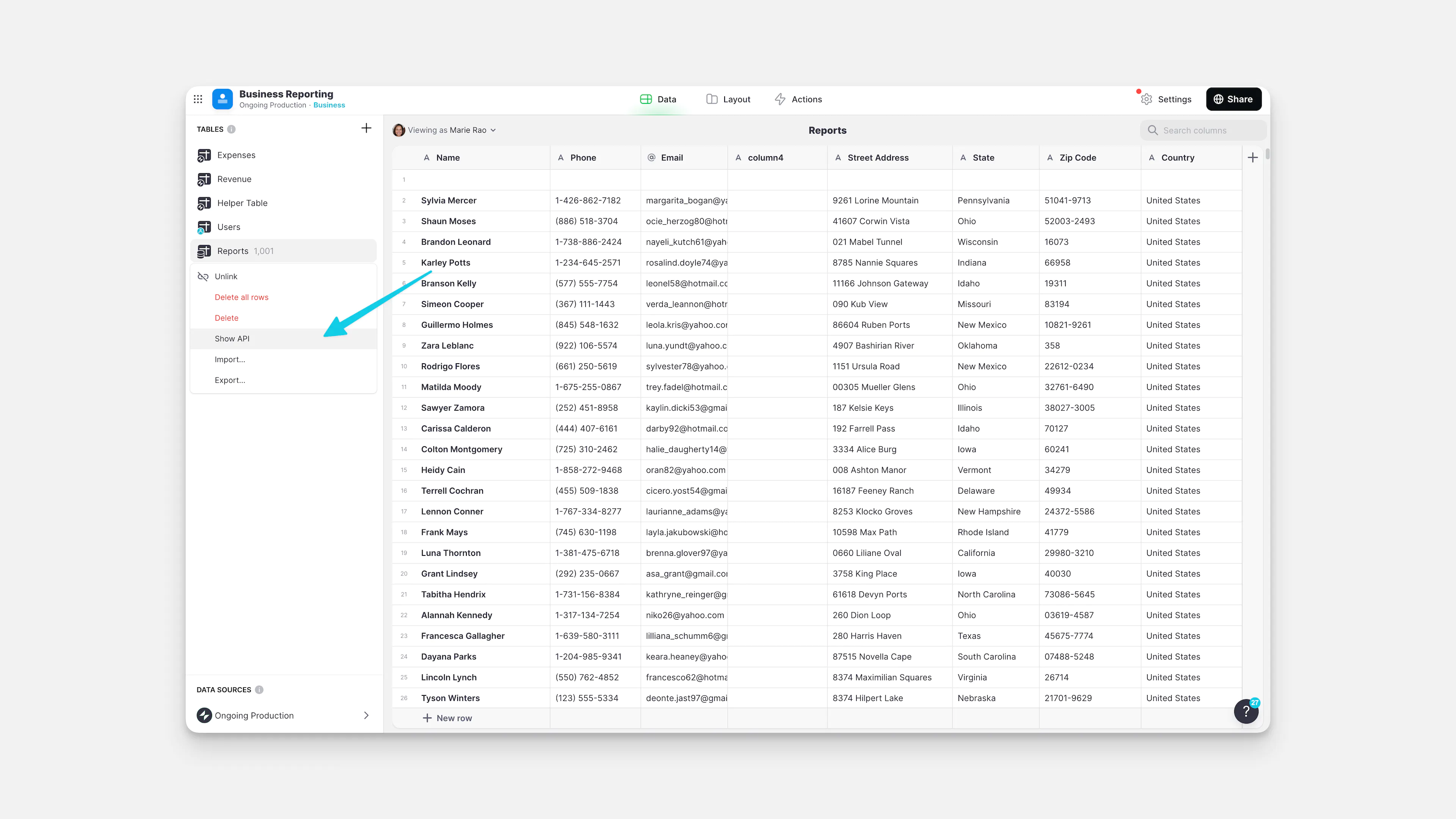 Show API options in the Data Editor.
