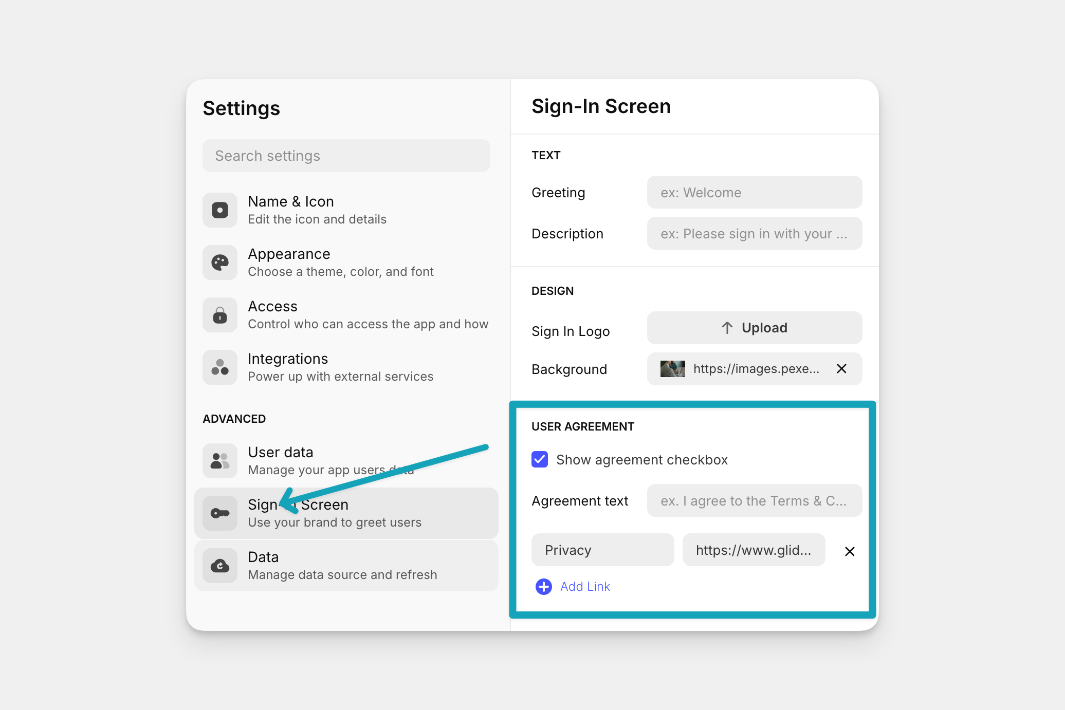 The User Agreements settings section