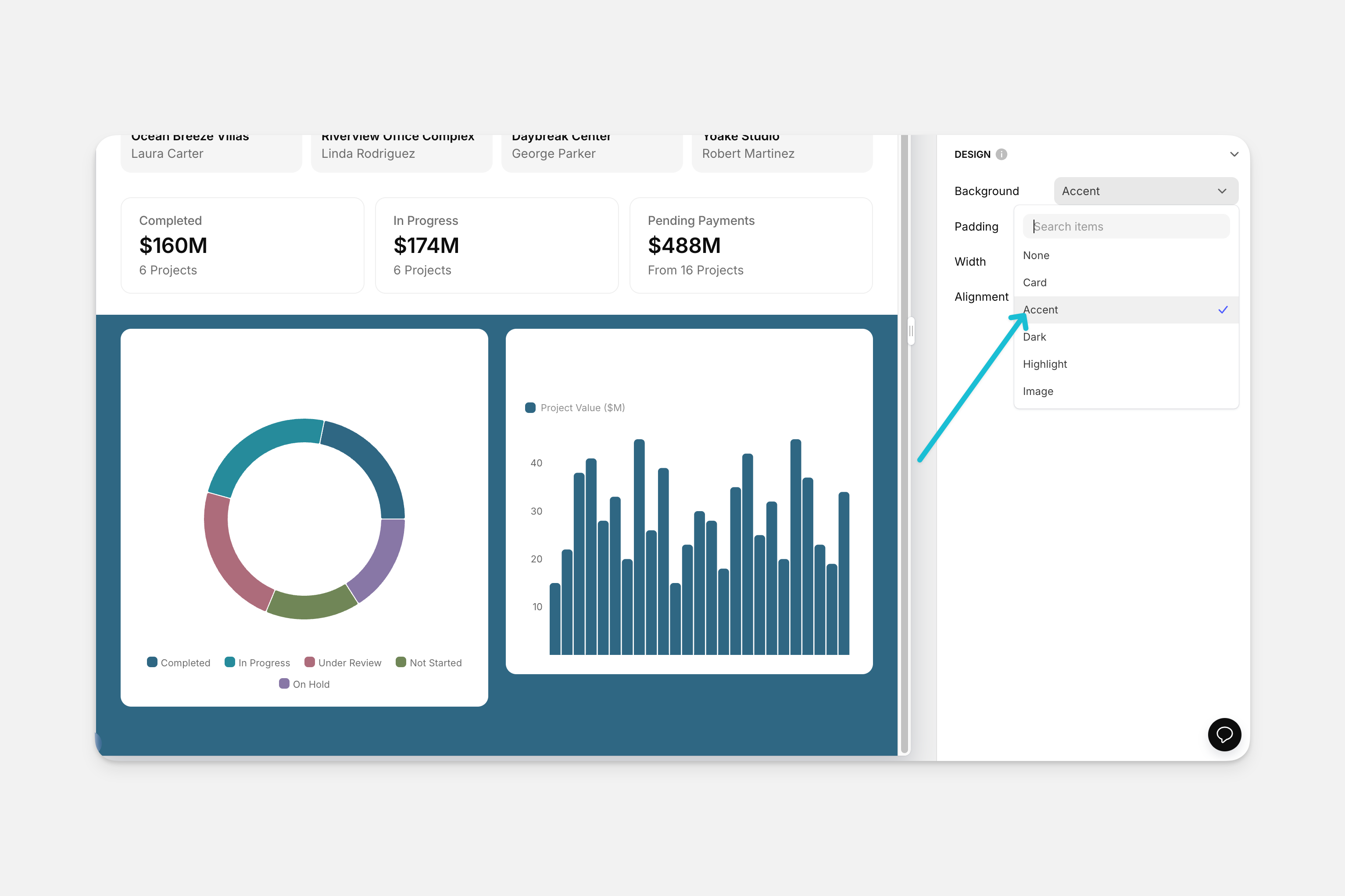 Design options in the container component.