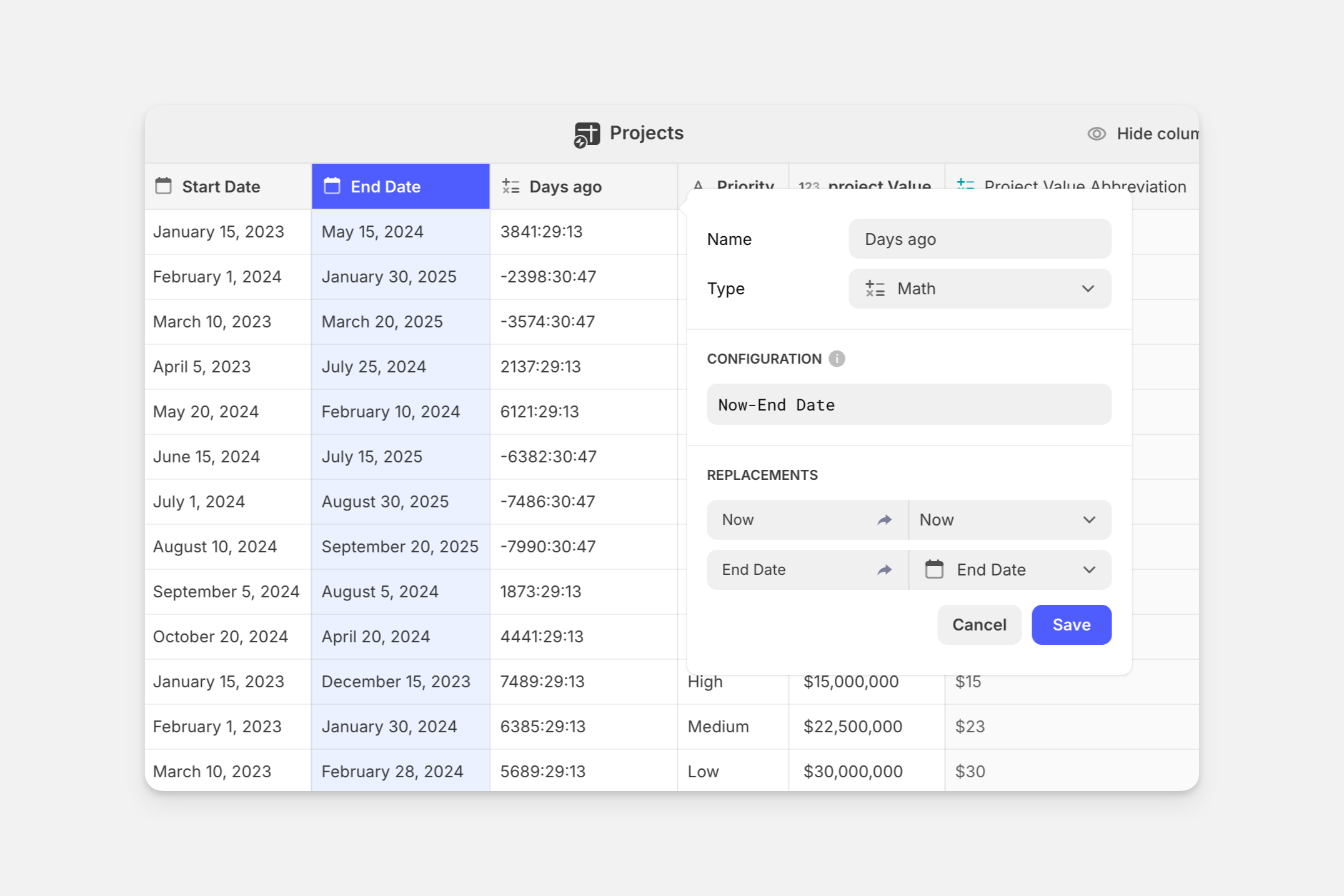 Configuring the Date & Time match column.