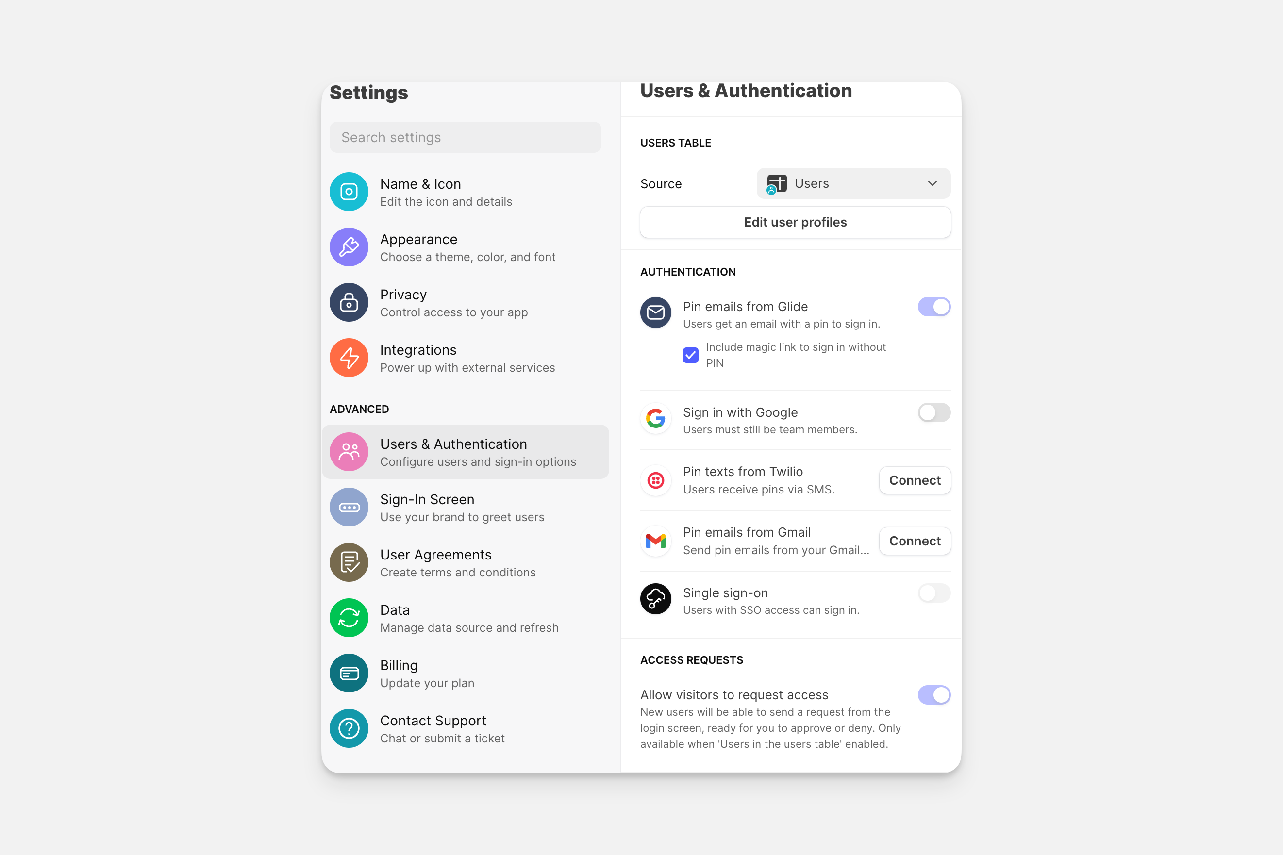 The Users & authentication settings section