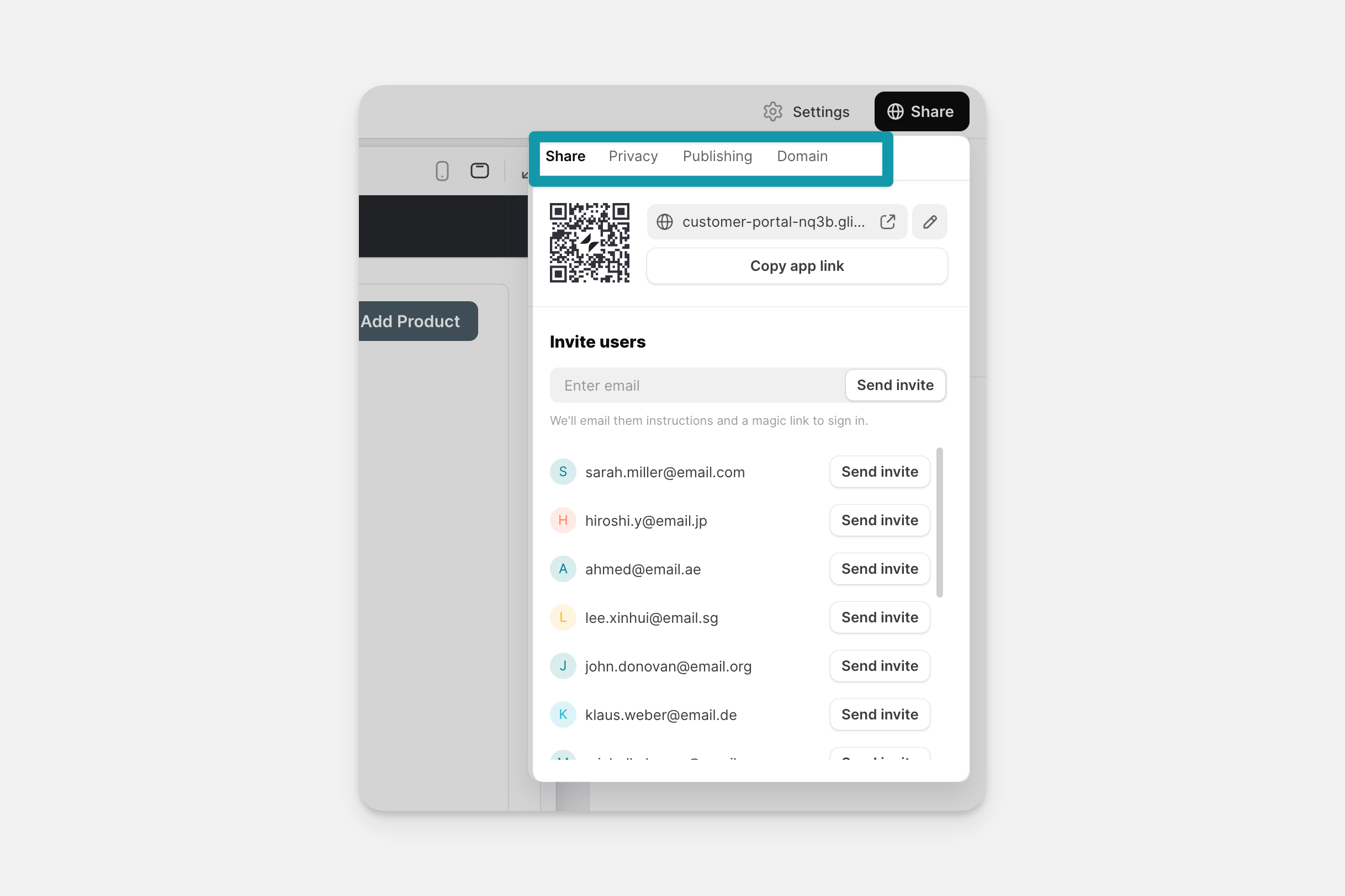 Users can invite people to their app or change the settings.