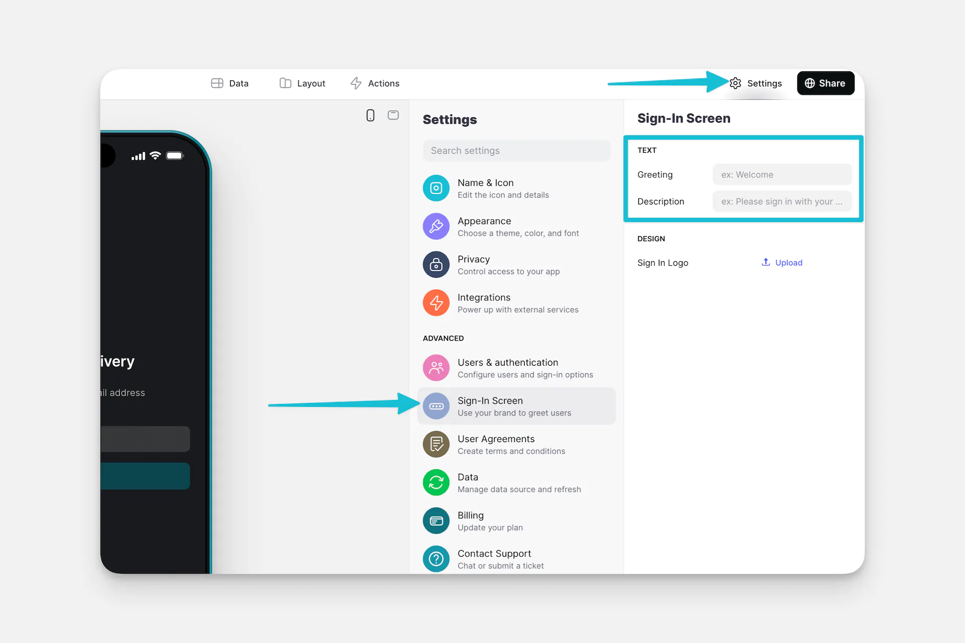 Adding text to a sign-in screen.