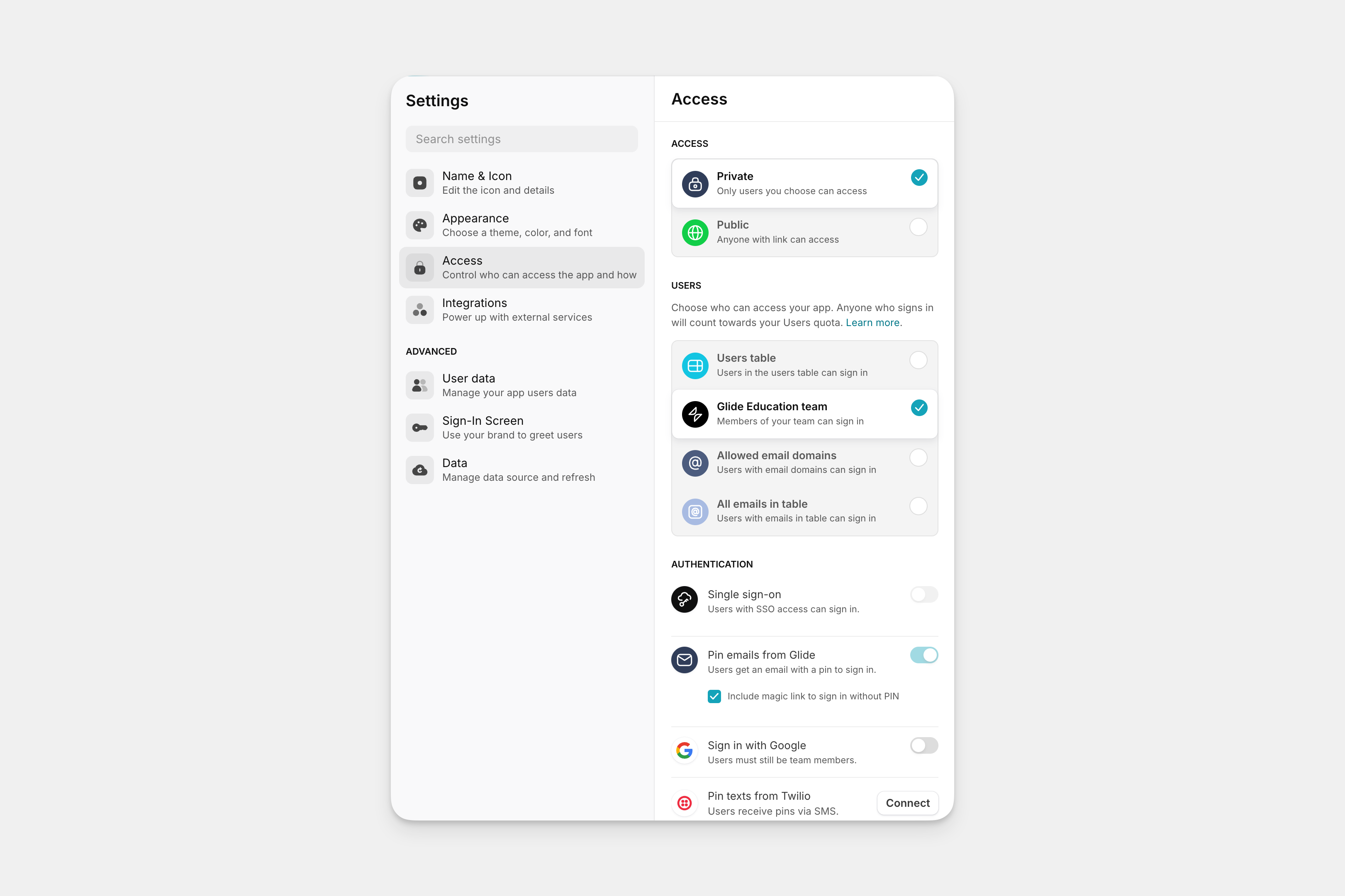 The app's Access settings.