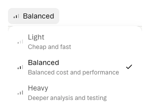 The Model Picker showing Light, Balanced, and Heavy modes