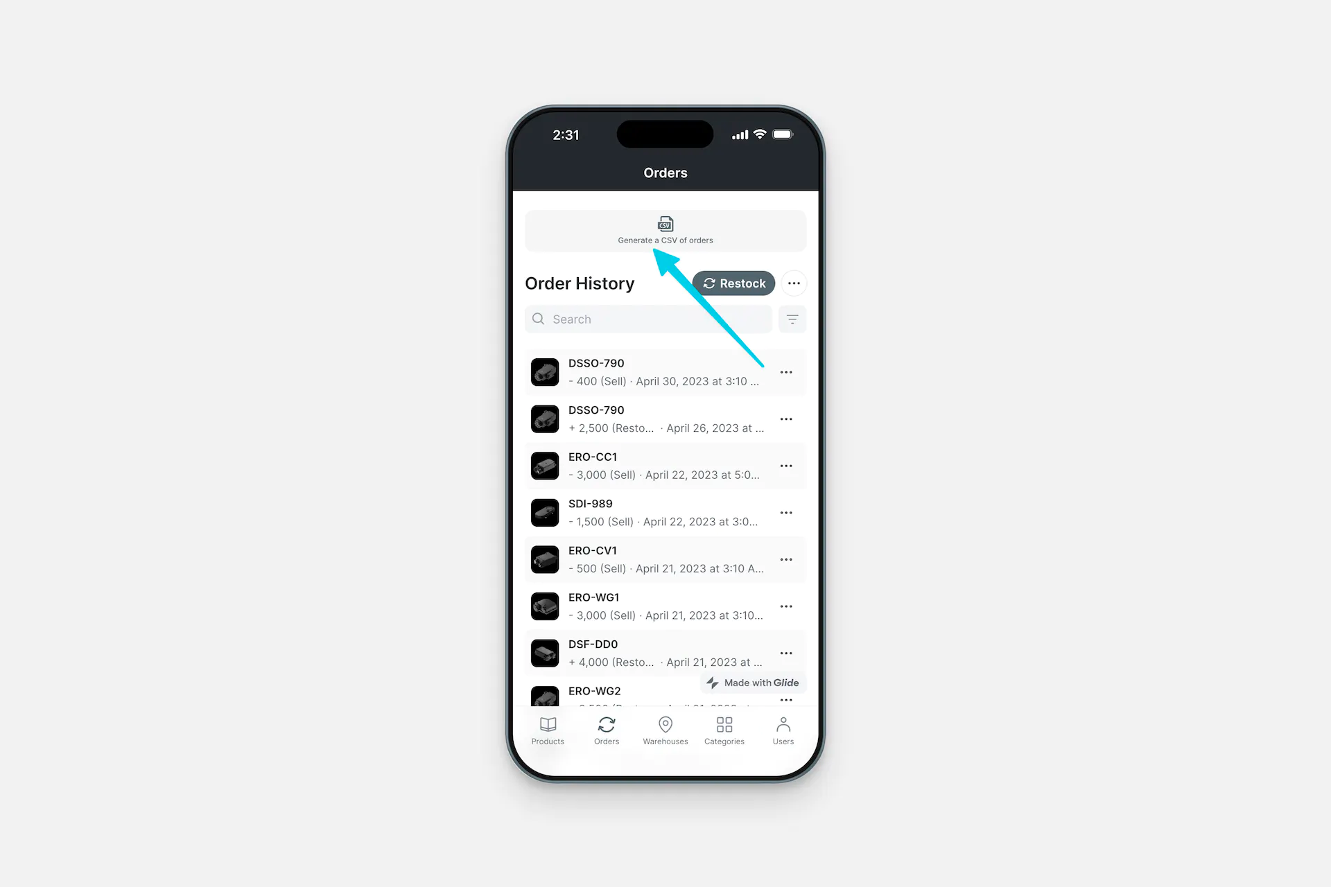 A Generate CSV button in an app.