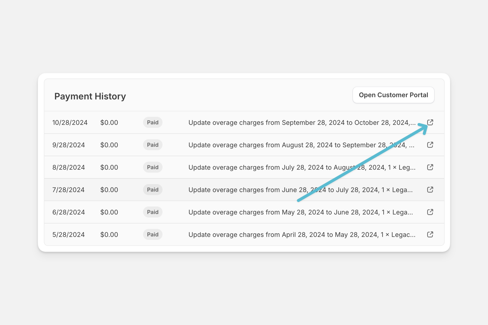 Users can view individual invoices directly from the billing menu.