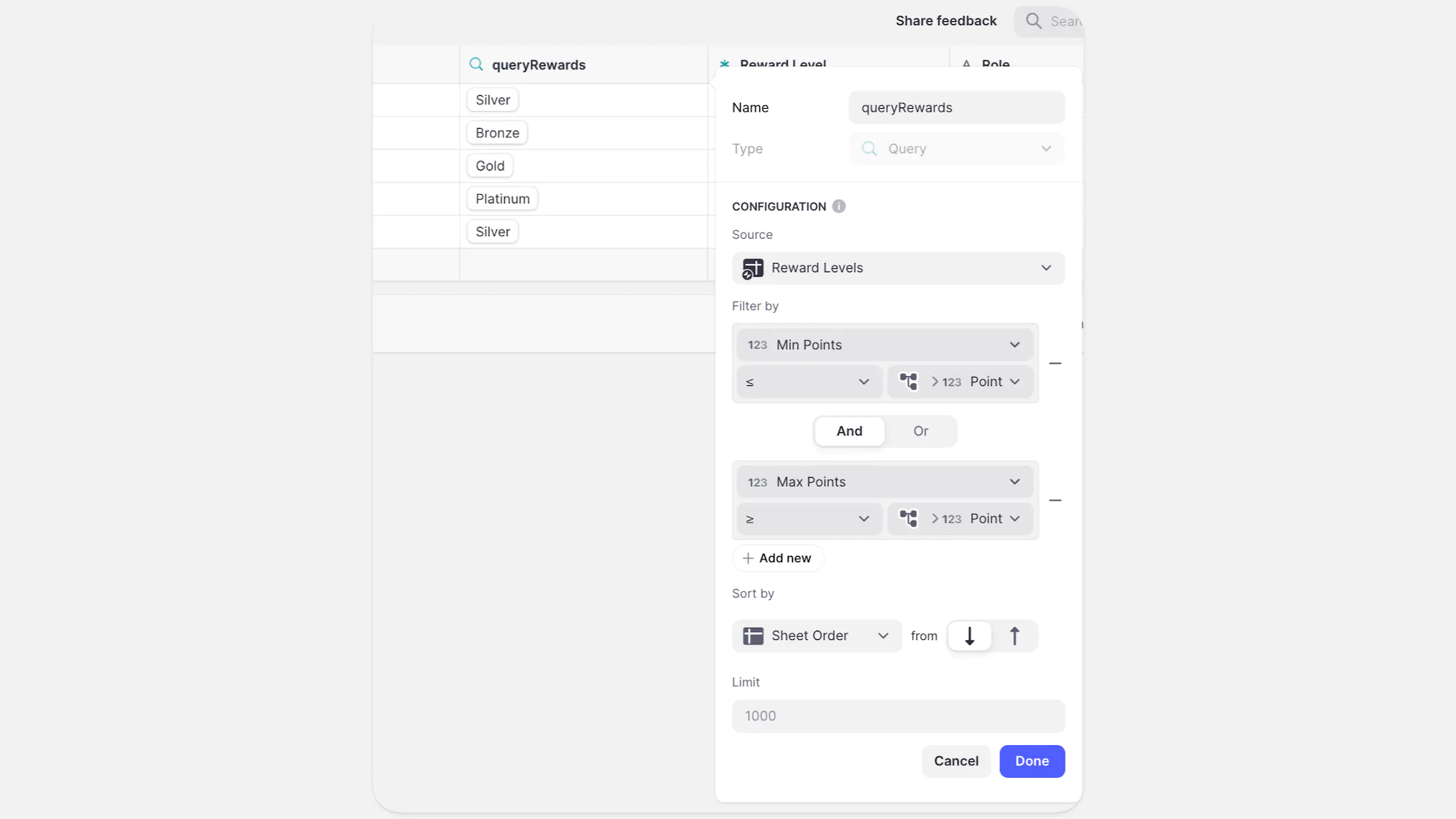 Calculating rewards with a query column.