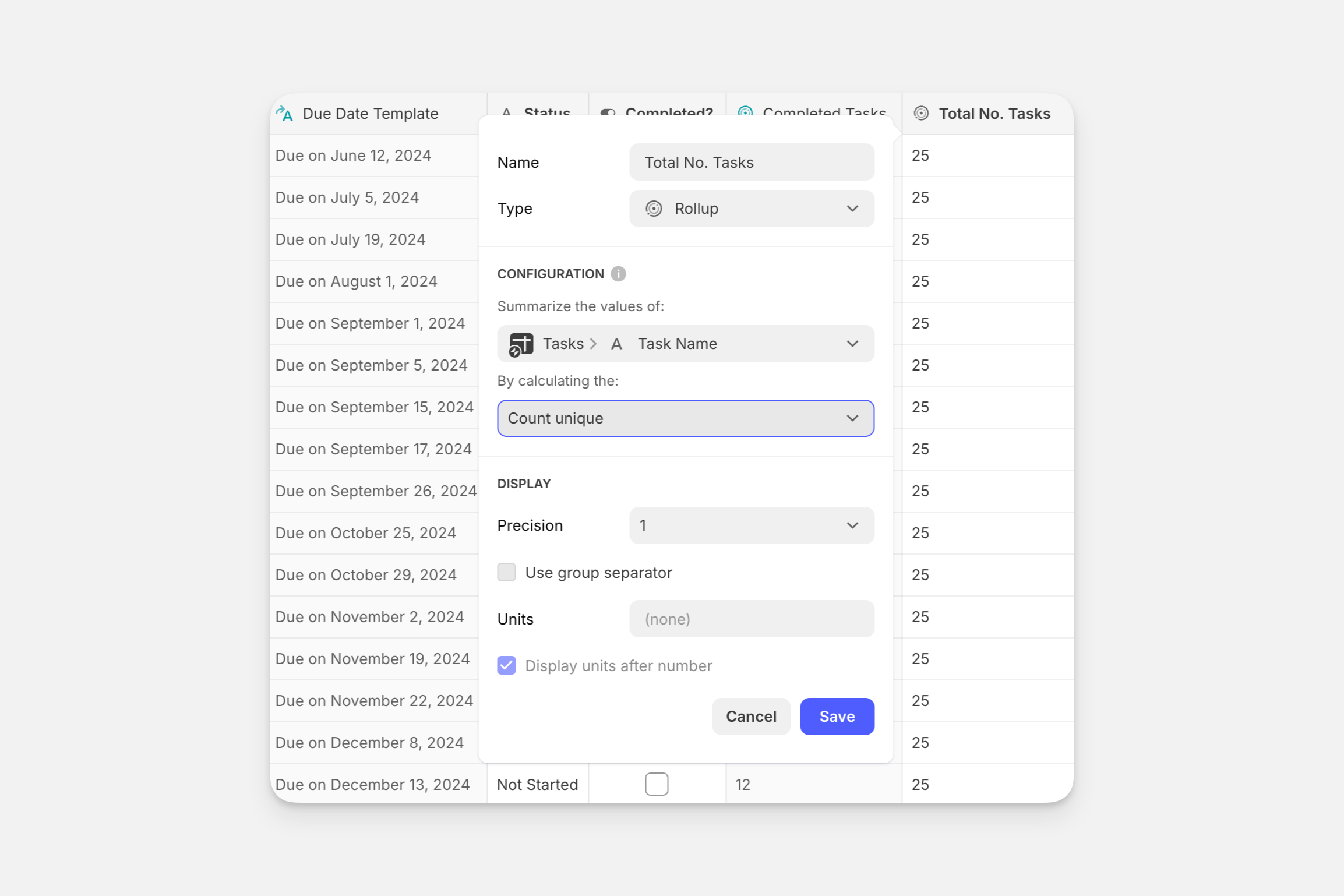 Creating a Rollup Column that counts all the unique tasks.