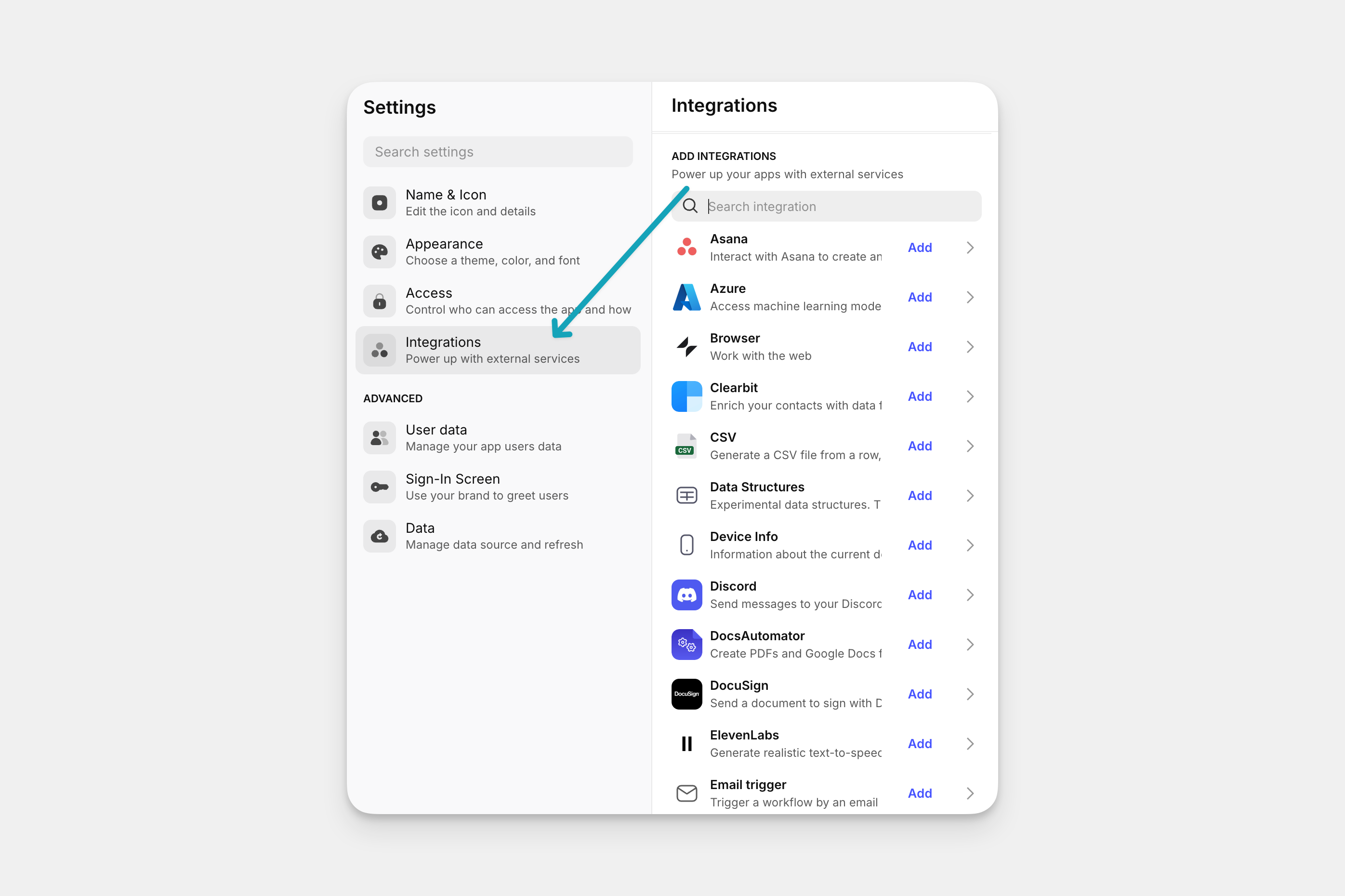 The Integrations settings section