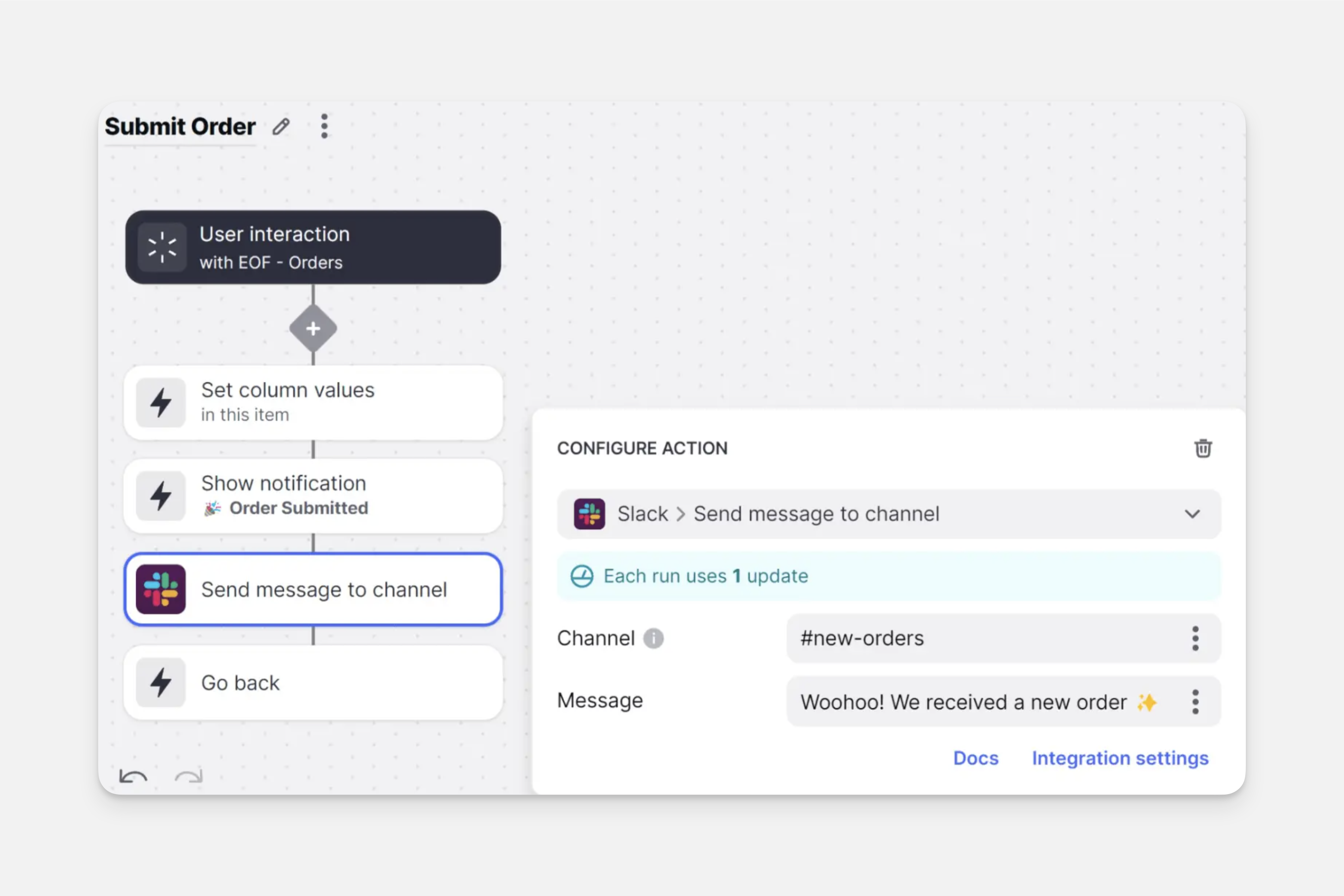 Custom action workflow for Slack messages.