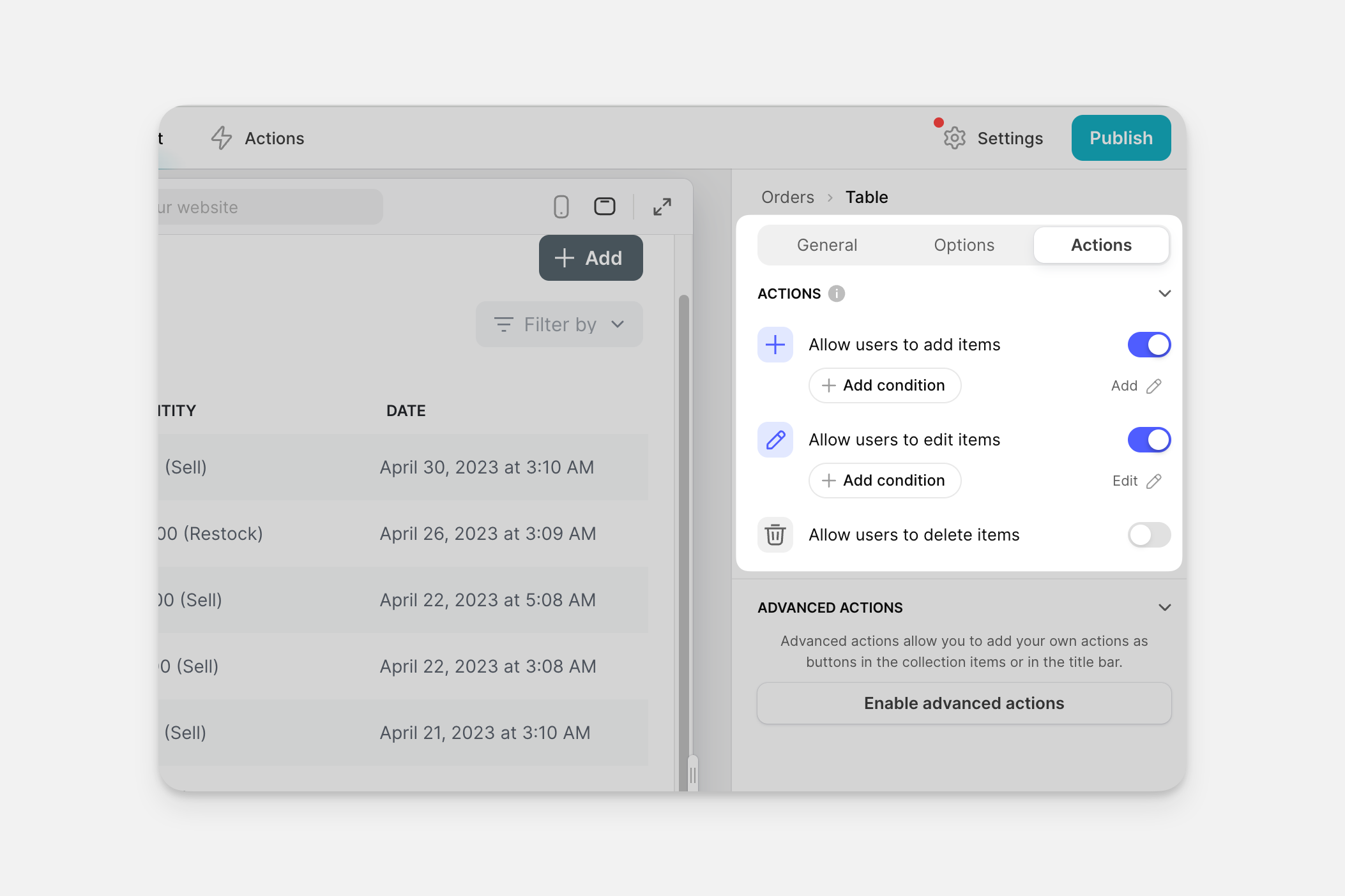 Enabling and disabling actions for certain users in collections.