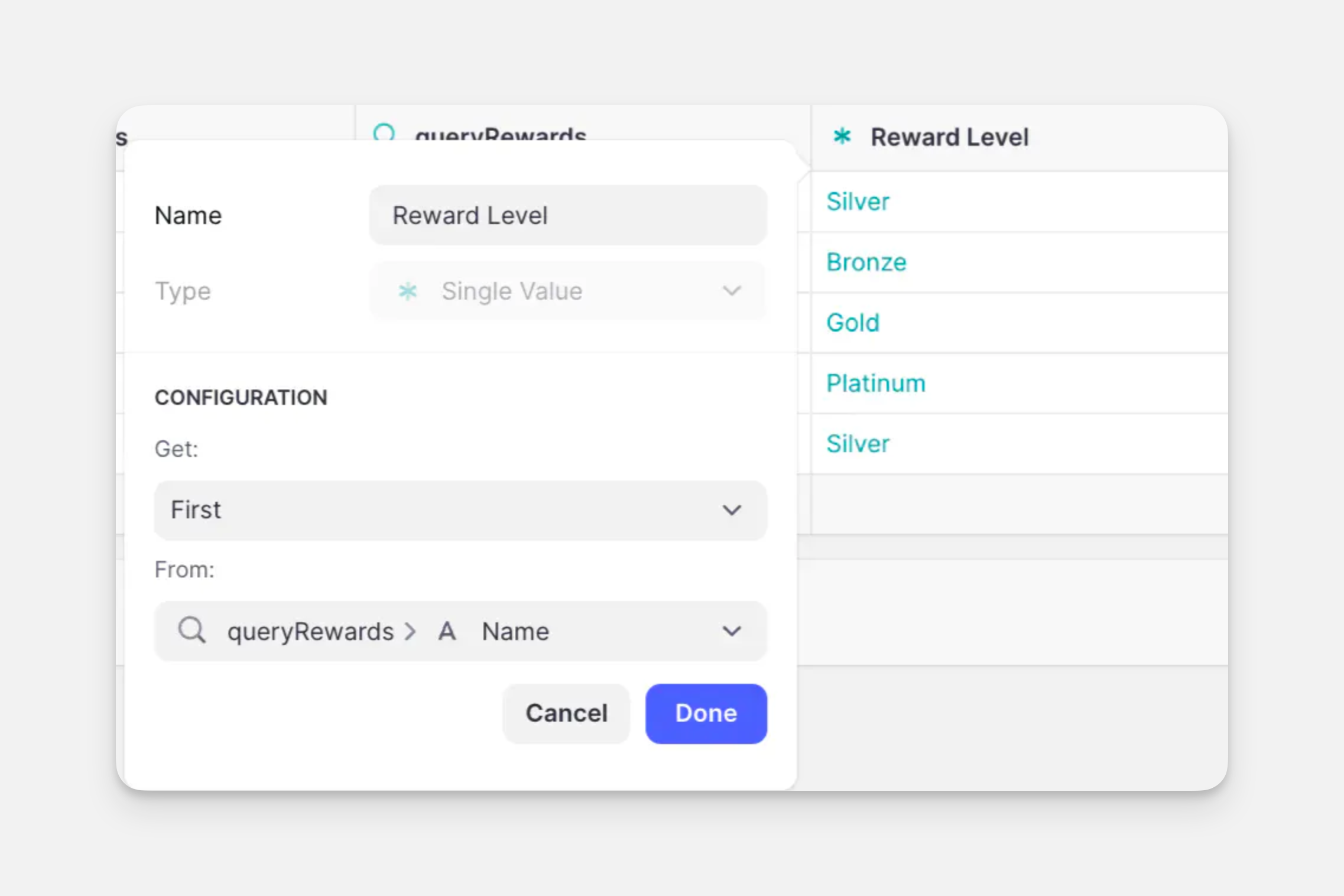 Single value column with reward level.