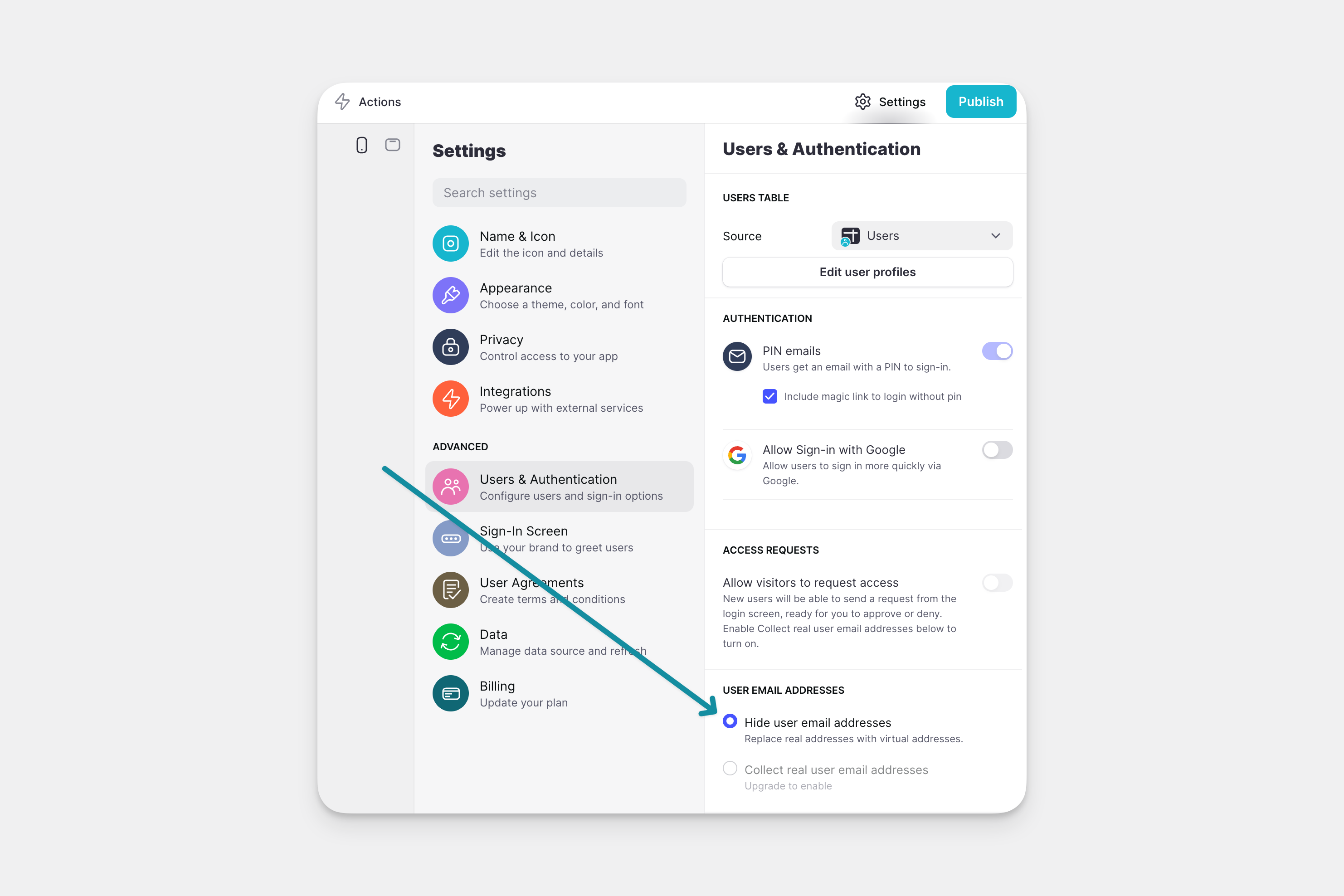 Hiding user email addresses in a Glide app.