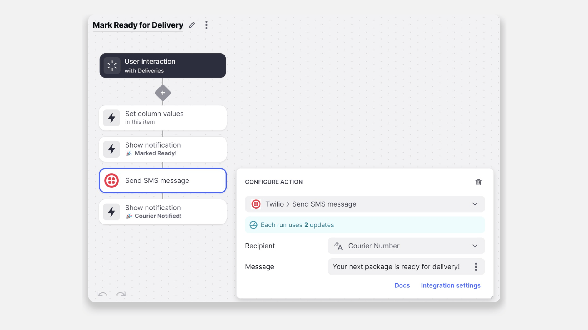 Custom action workflow for sending Twilio SMS to couriers.