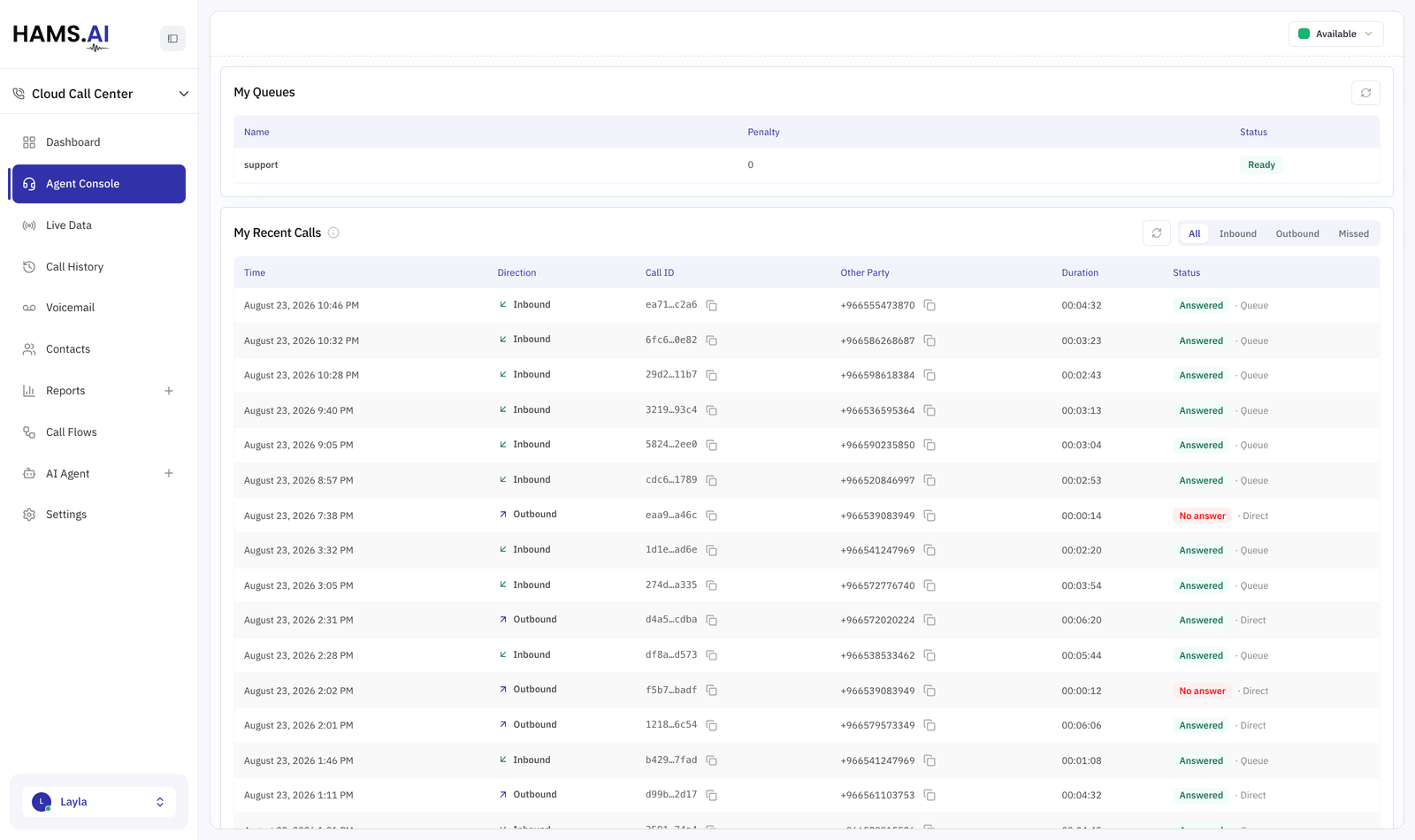 The agent console: your availability, the queues you are logged into, and your own recent calls.
