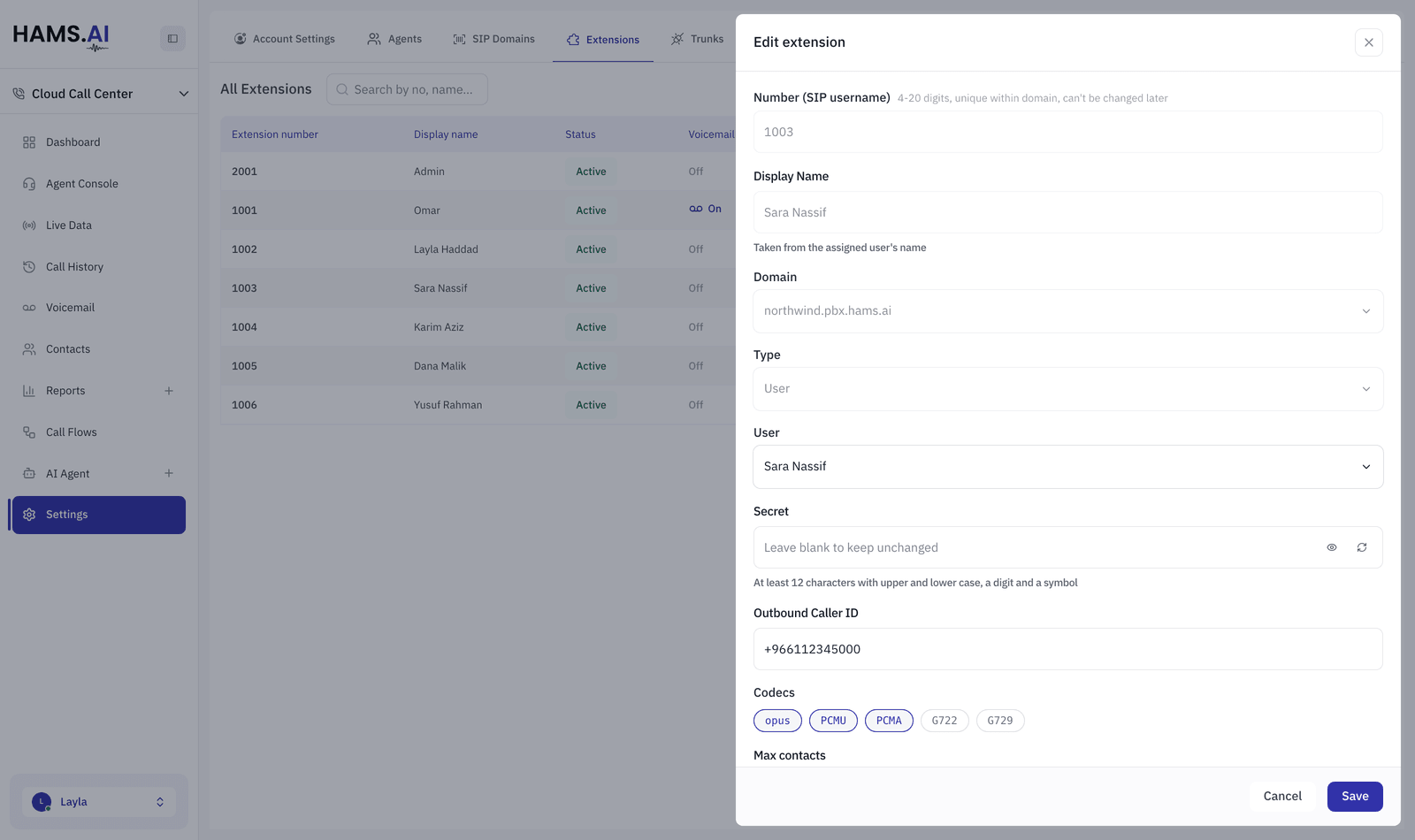 The Extensions tab with an extension open: the agent it belongs to, its SIP secret, outbound caller ID and codecs.