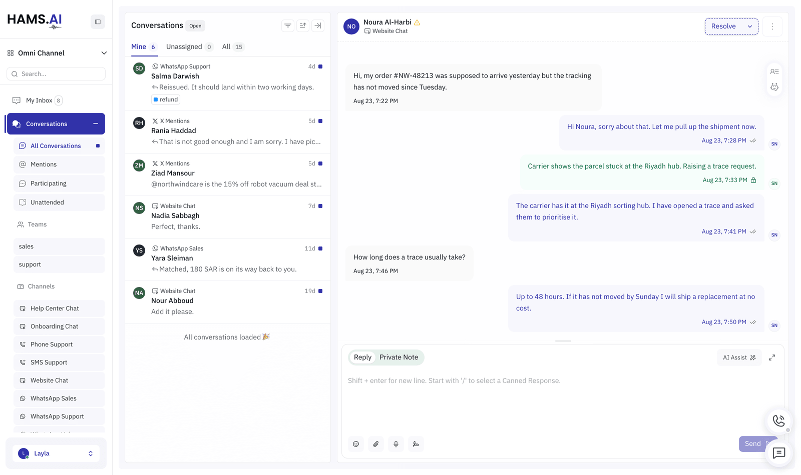 The conversations view: channels and labels on the left, the conversation list in the middle, the thread on the right.