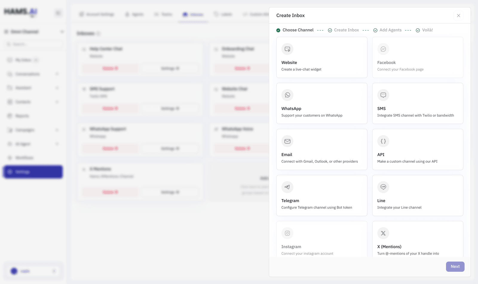 Create Inbox lists every channel type you can connect.