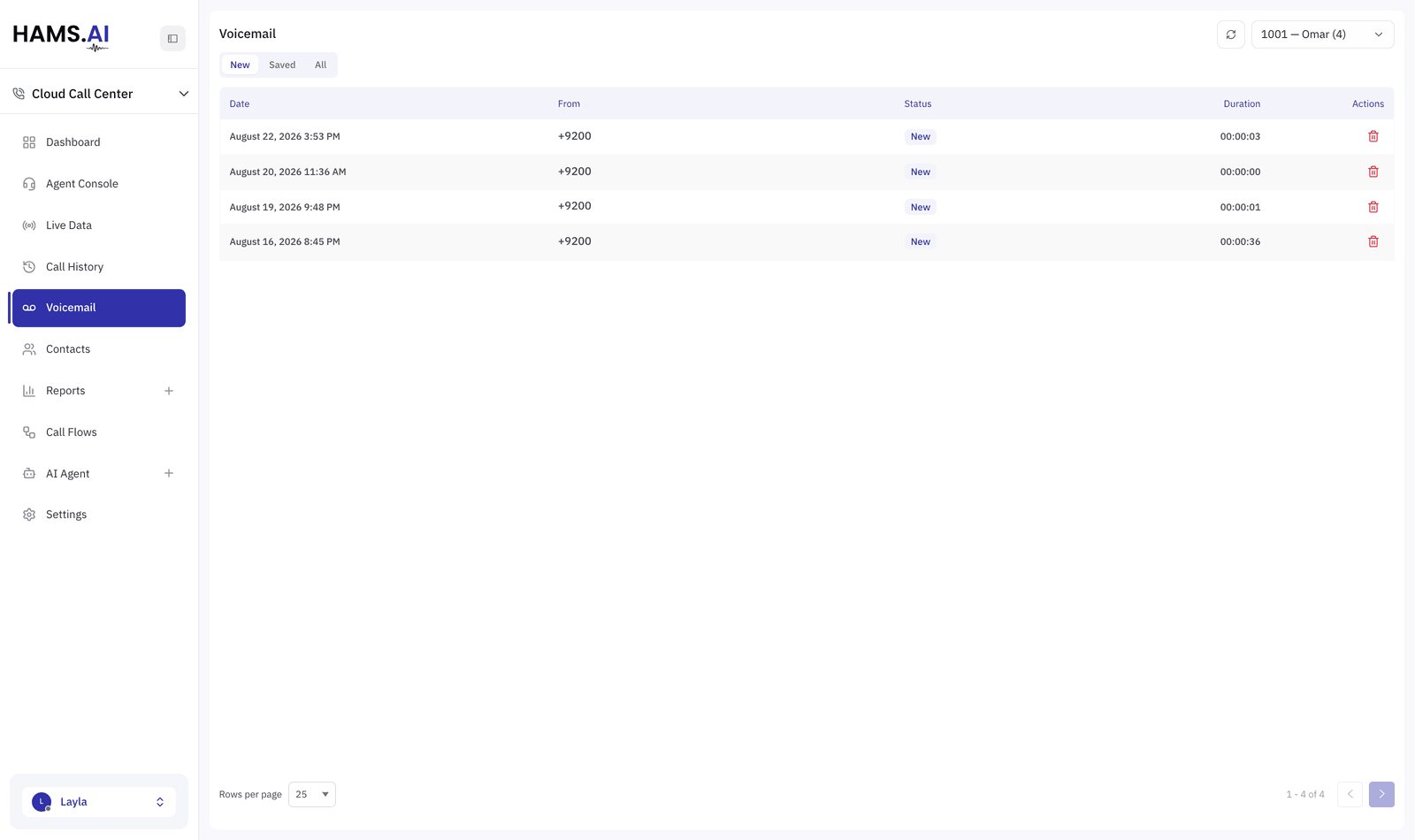 The voicemail inbox. Pick a mailbox from the selector, then work through New, Saved or All.