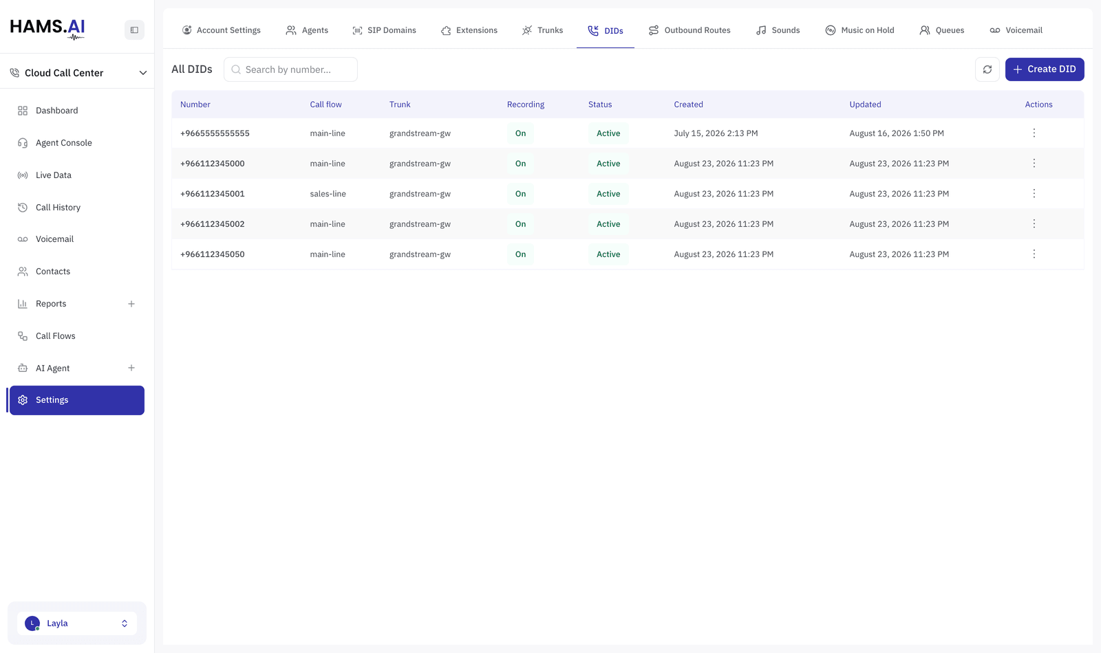 The DIDs tab: each number, the call flow it enters, and the trunk it arrives on.