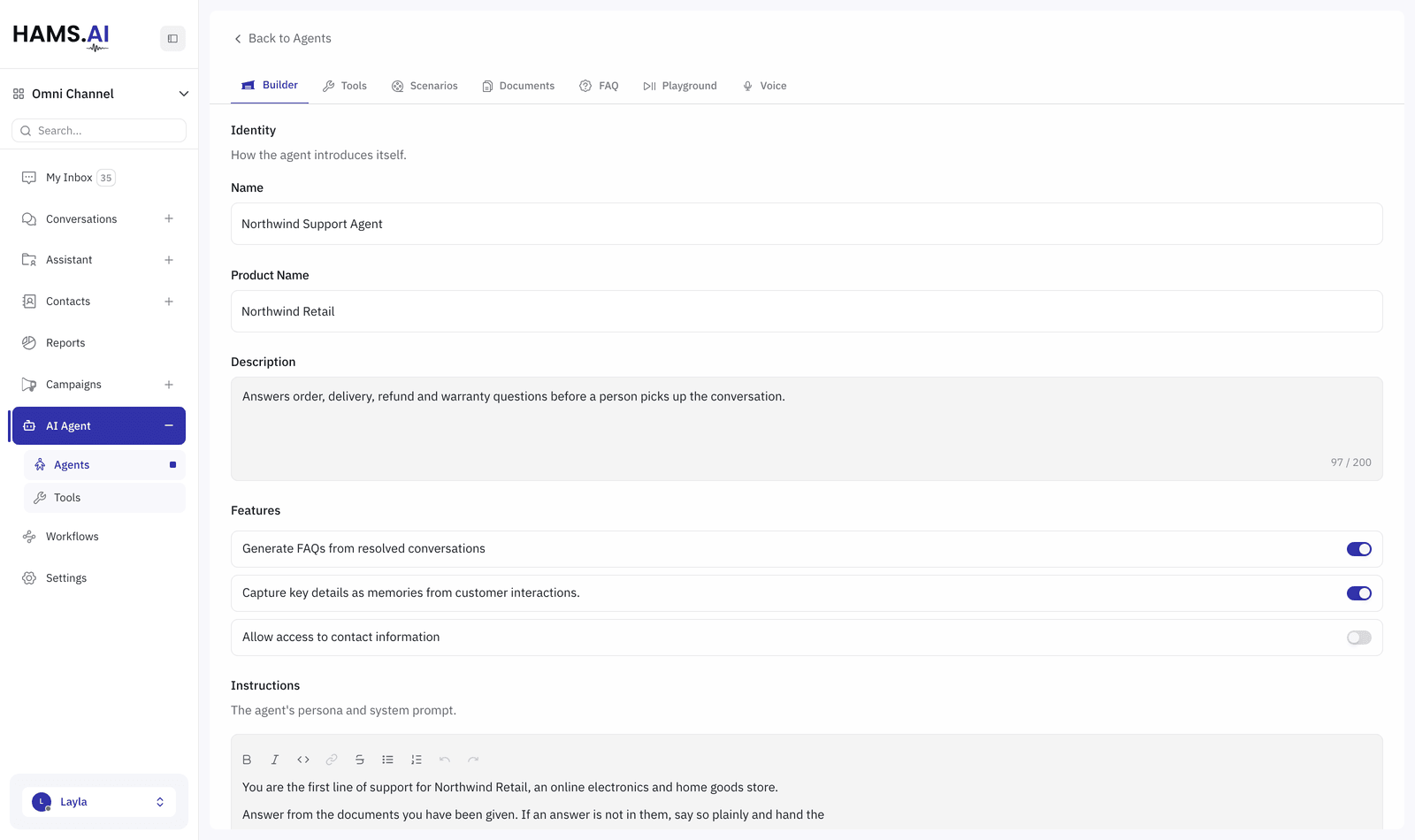 The Builder tab of an agent: its identity, the features it may use, and the instructions it answers from.
