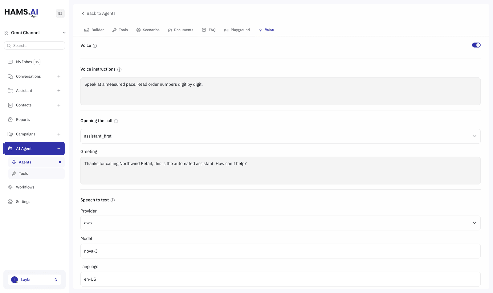 The Voice tab of an AI agent: the opening line, the speech-to-text and text-to-speech providers, and the turn-taking settings.