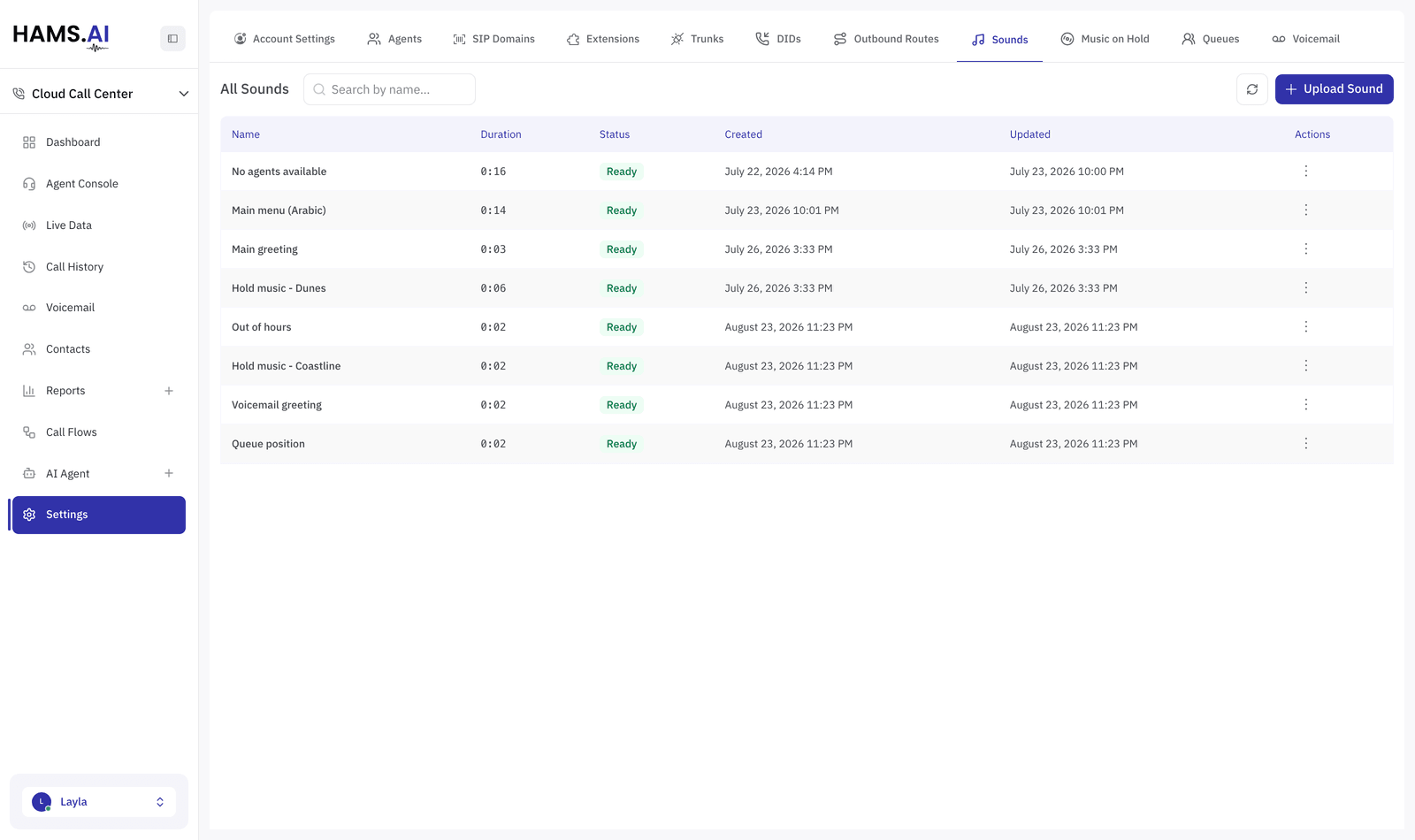 The Sounds tab. Every uploaded prompt with its length and processing status.