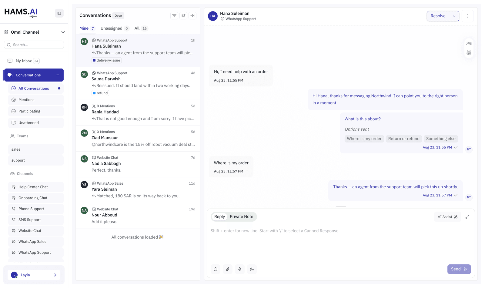 On WhatsApp a workflow's options arrive as native reply buttons rather than a numbered list.