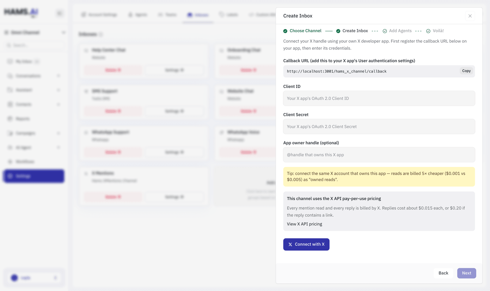 Connecting an X app: register the callback URL on your app, then paste the app's client id and secret.