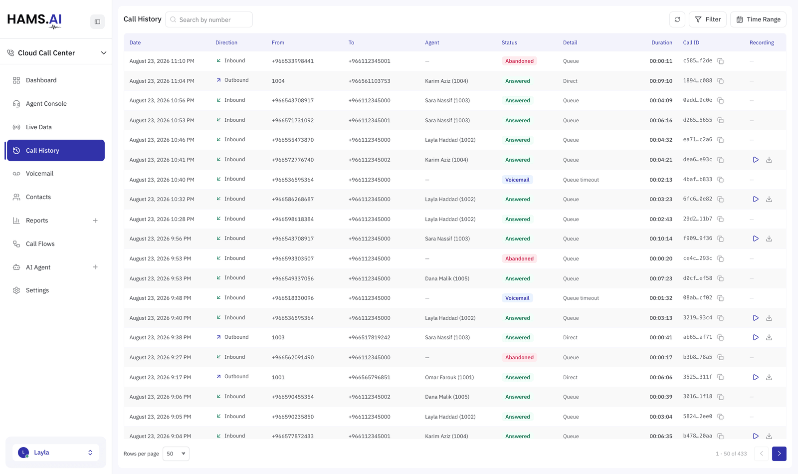 Call history. Every call on the account, newest first, with direction, agent, outcome and a play control where a recording exists.