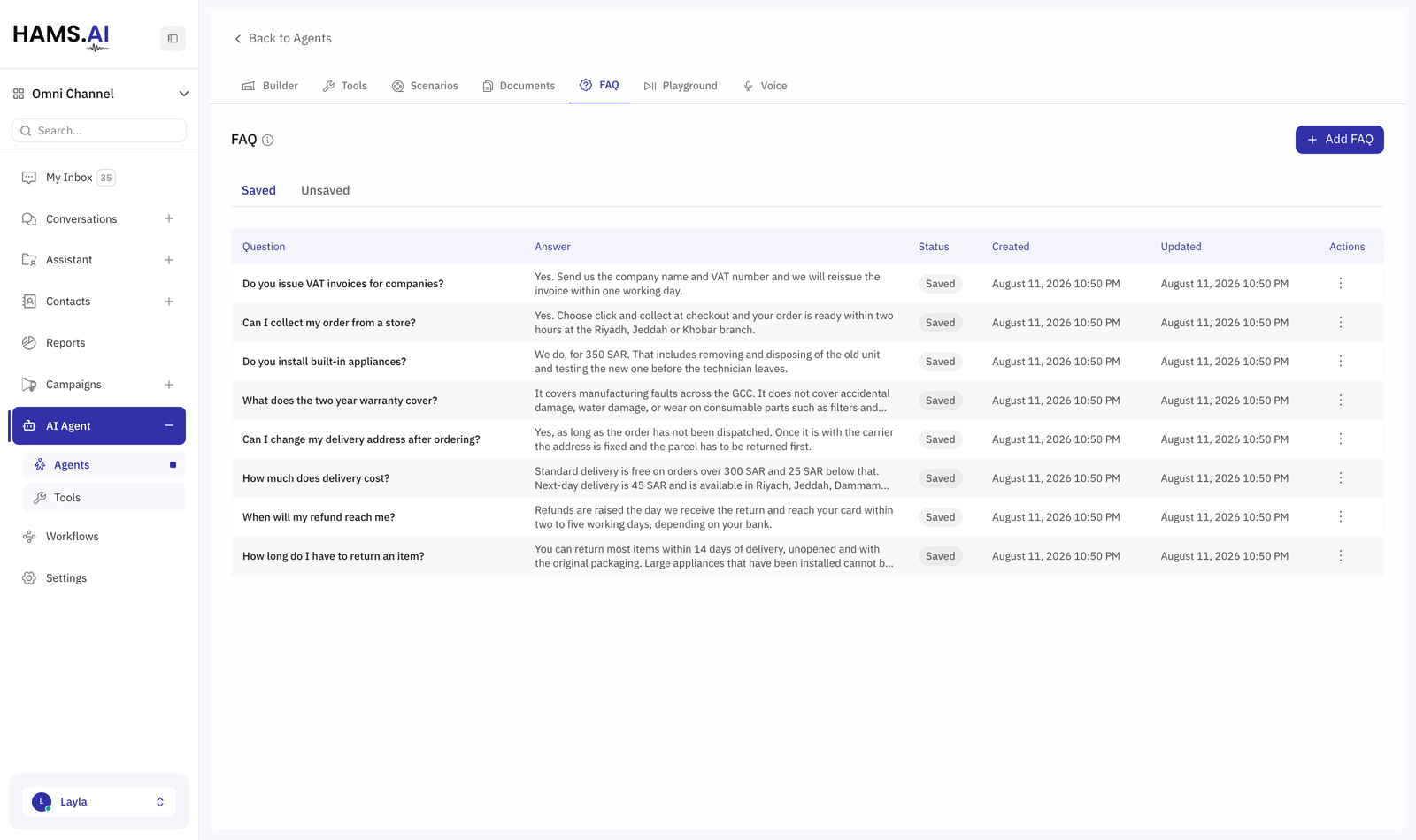 The FAQ tab: the question and answer pairs generated from your documents.