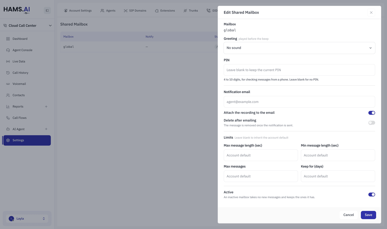 A voicemail box open on its greeting, PIN, notification email and limits.