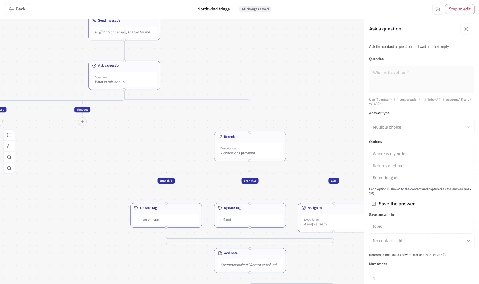 The workflow builder with the Ask a question step selected: its prompt, the options offered, and where each branch leads.