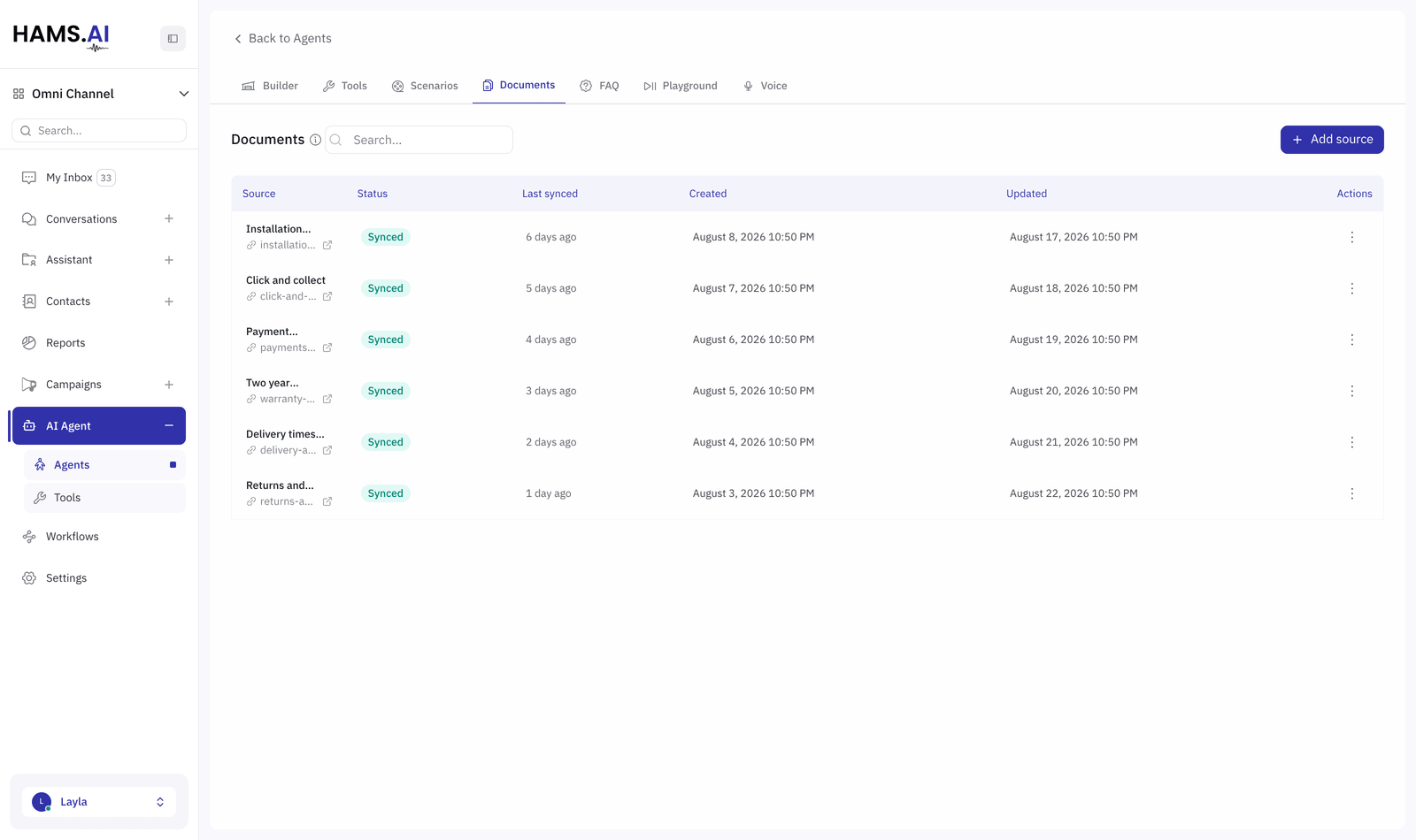 The Documents tab. Each source shows when it was last synced.