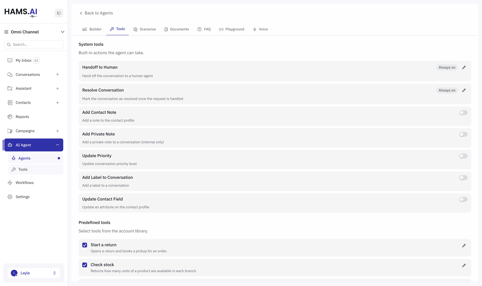 The tools on an agent: built-in actions at the top, tools picked from the account library below.